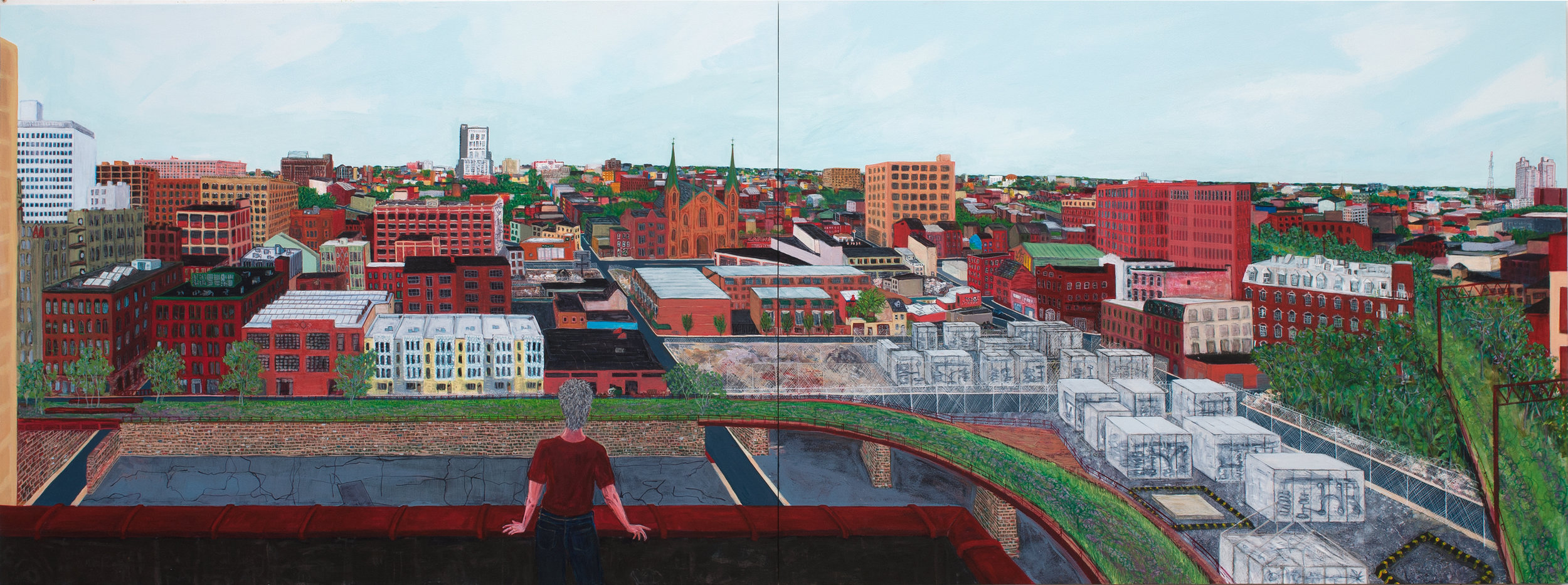 Trestletown from the Wolf , 2016, acrylic on wood, diptych, 35 3/4 x 95 5/8 inches. Courtesy of Locks Gallery