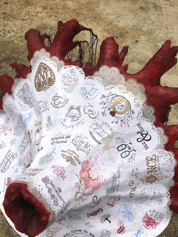 Reservations , 2018, Ceramic, paper maché, ink, hemp cord, glass vials, silver ring from ex-girlfriend and other found objects, mixed media, approx. 18in x 14in x 12in. Photo: Laura Mecklenburger