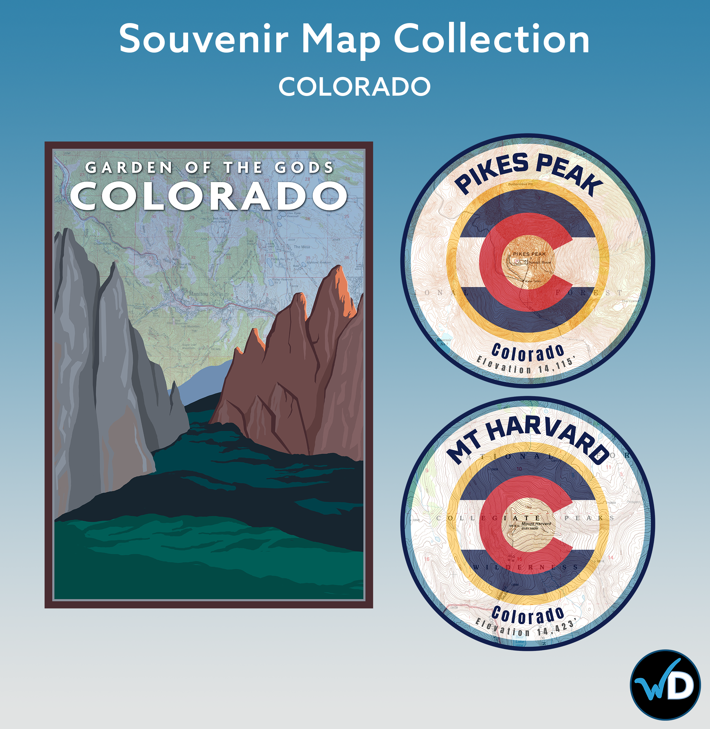 Souvenir maps for hikes, mountain peaks and waterfalls in Colorodo