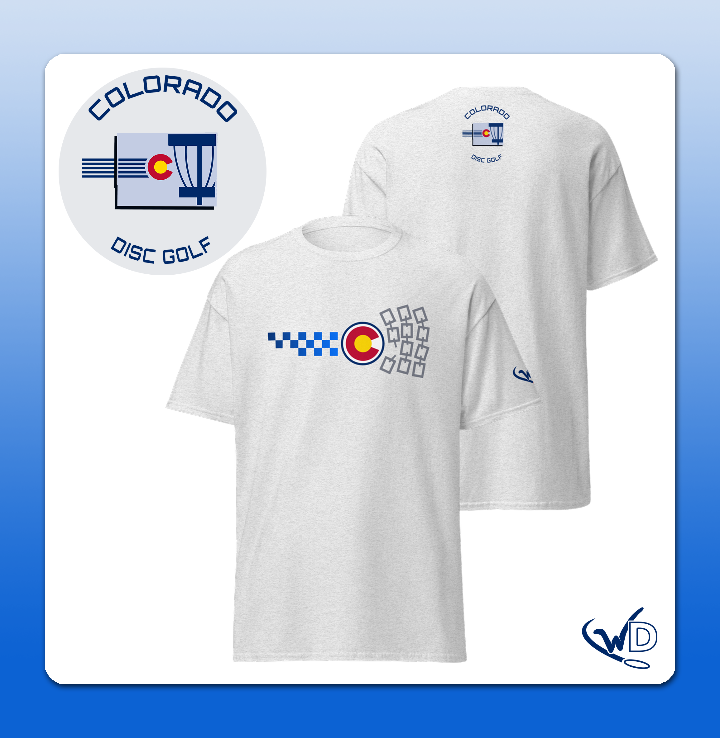 Colorado disc golf shirt - features flying disc and Colorado state flag