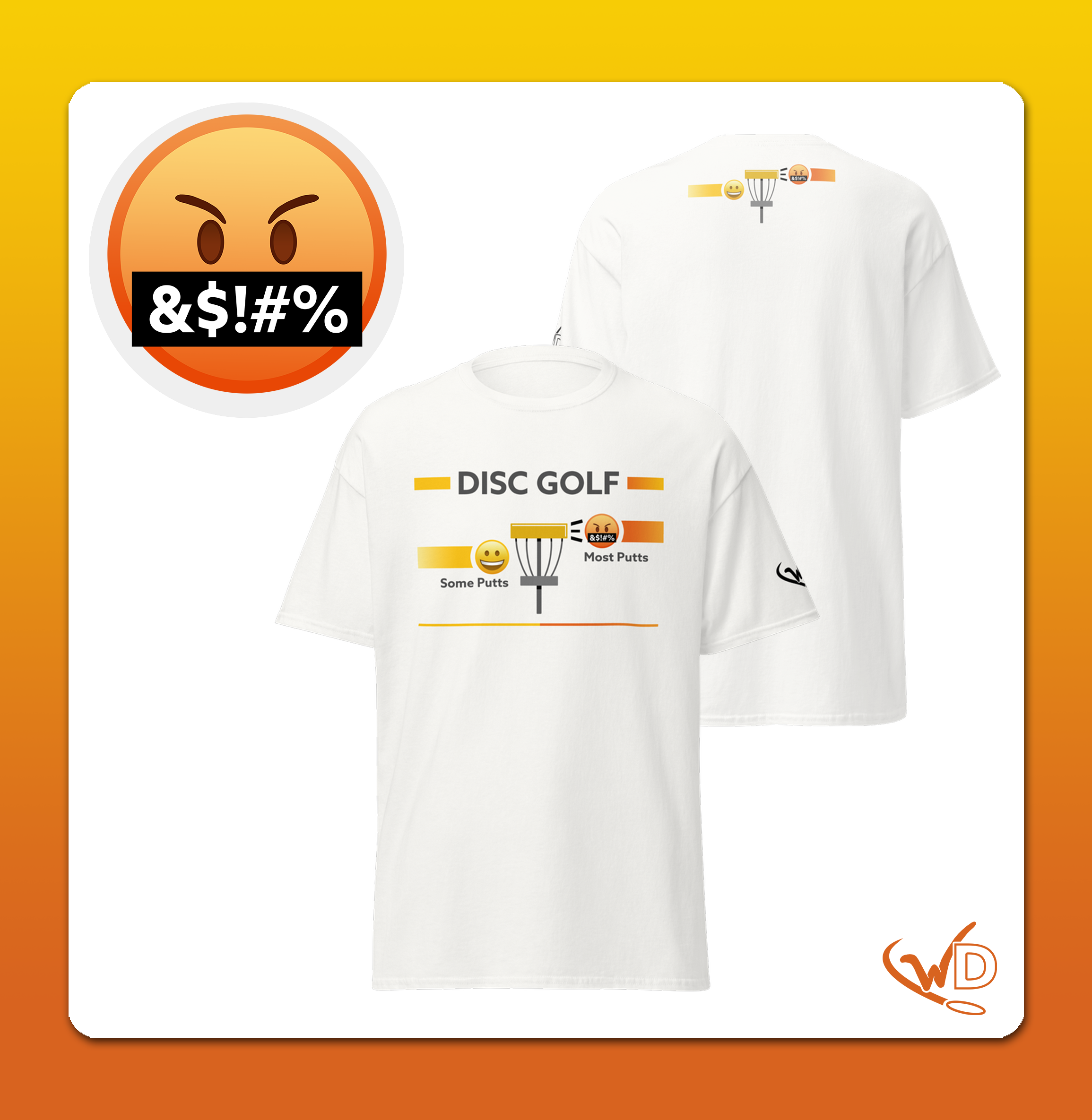 Funny disc golf shirt with emoji discs flying towards a basket
