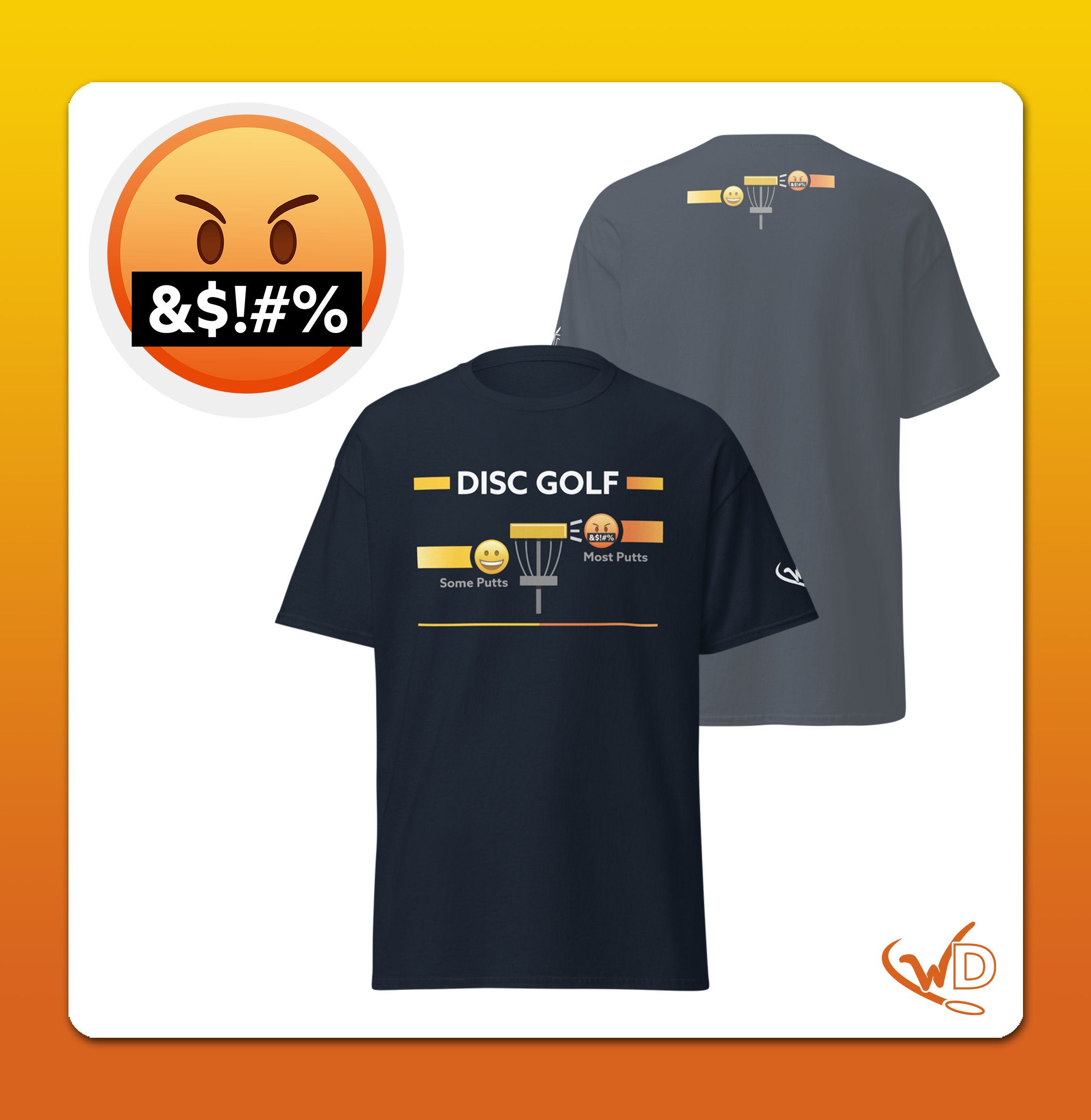 Funny disc golf shirt with emoji discs flying towards a basket