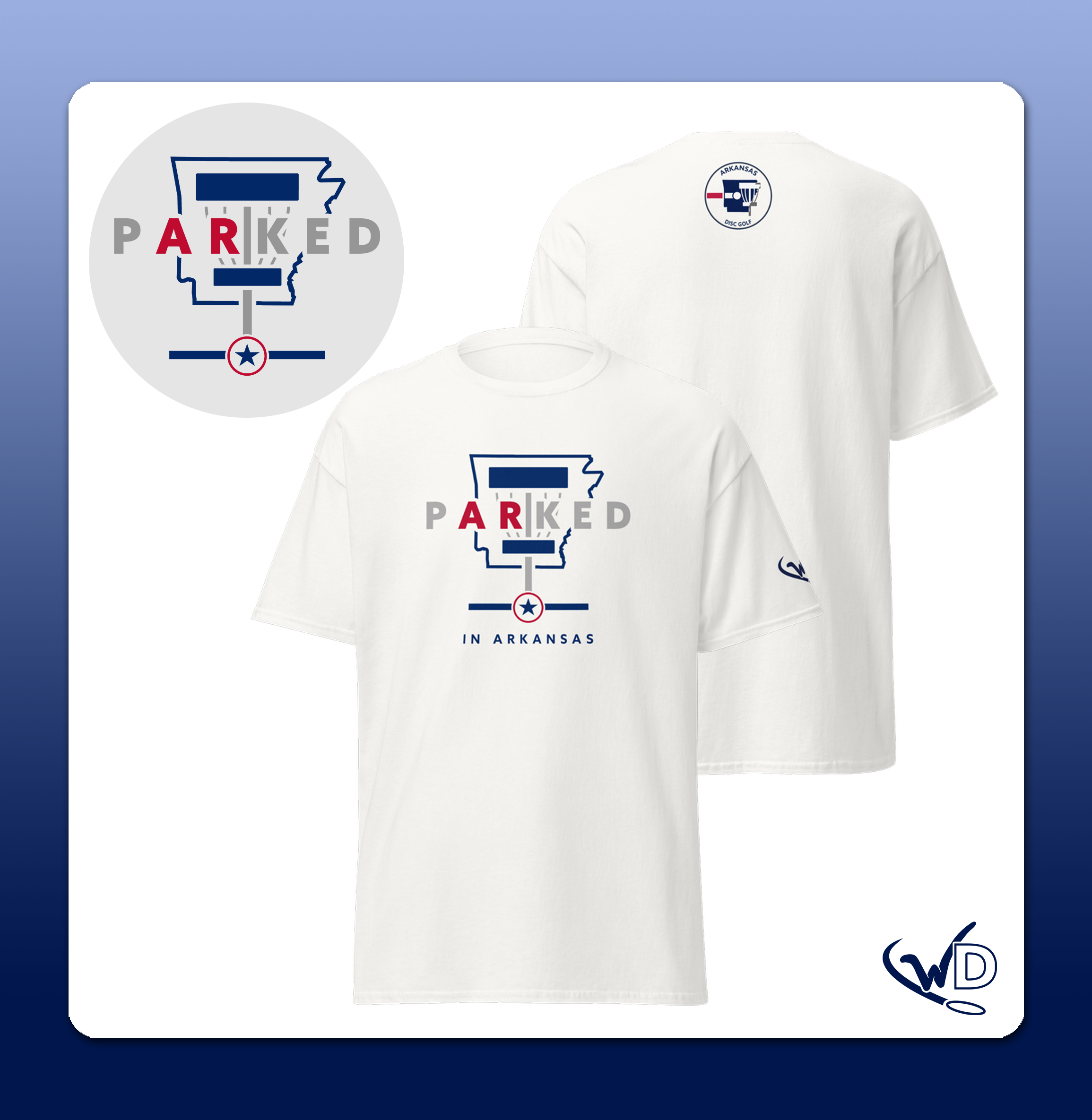 Arkansas disc golf shirt - features disc parked by a disc golf basket and Arkansas state shape