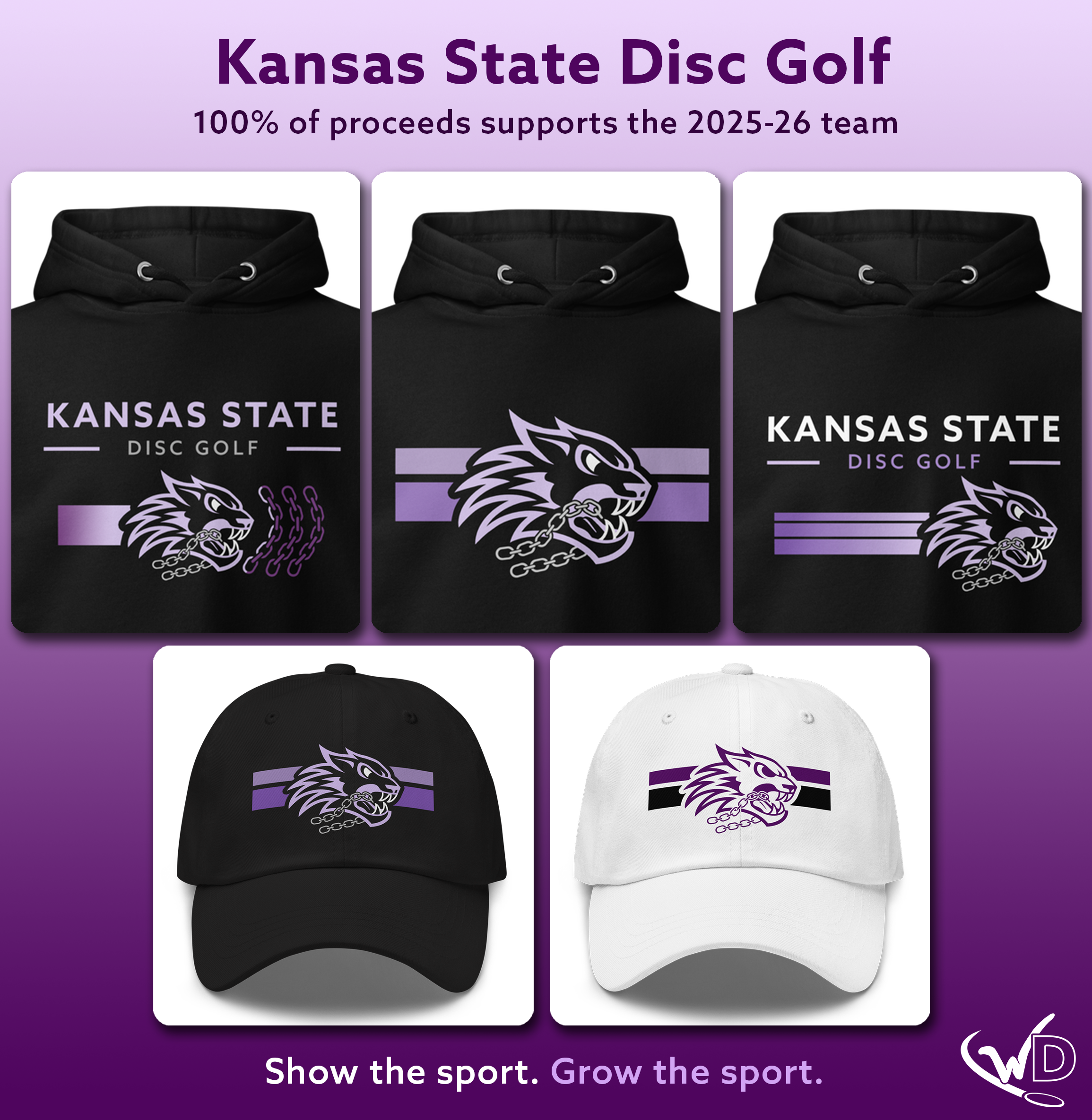 Hats, hoodies and stickers for the Kansas State Disc Golf Club