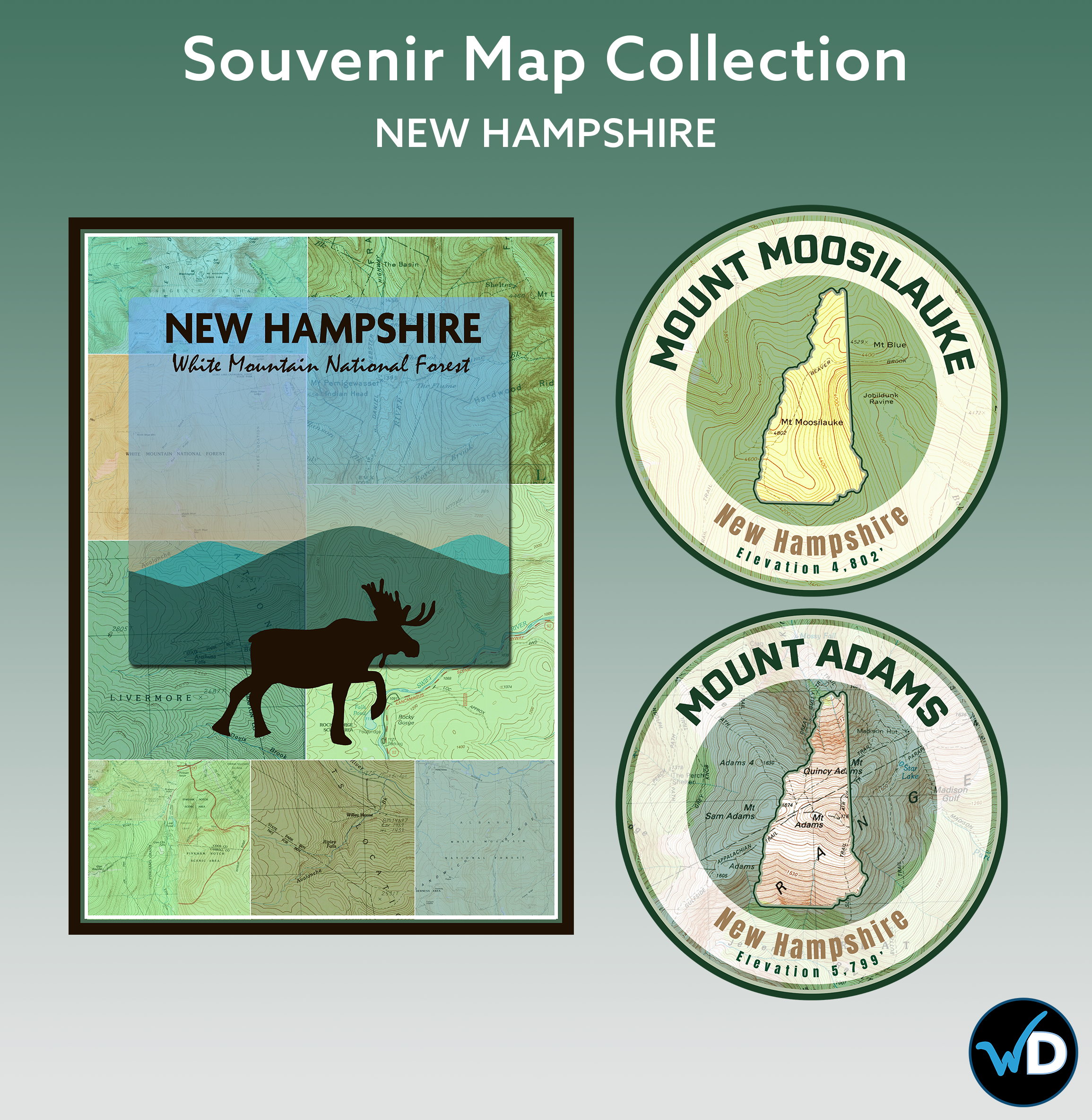 Souvenir maps featuring New Hampshire locations