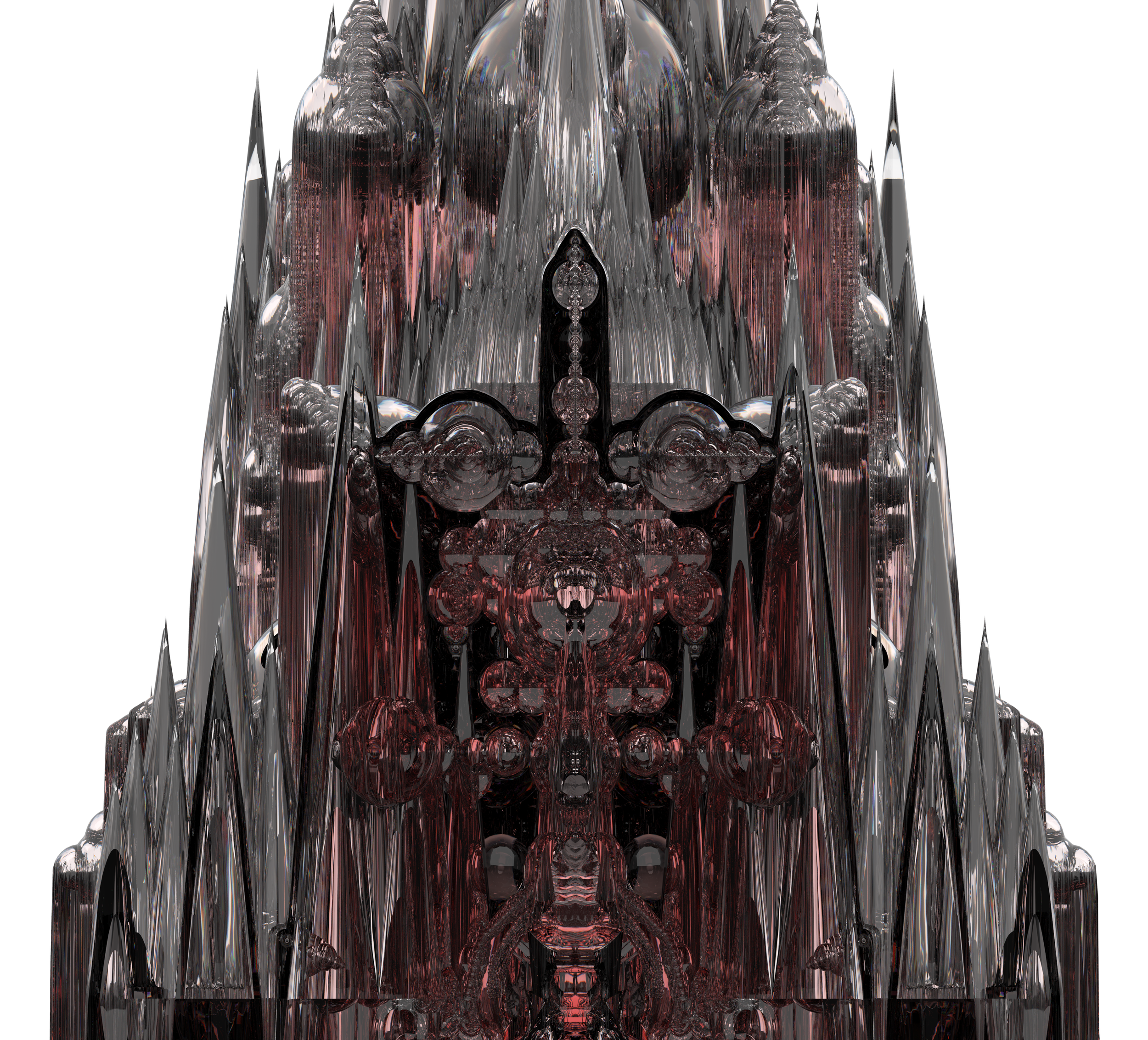 Abstract digital art with a symmetrical, reflective design featuring metallic and glass-like textures in gray, black, and red hues.