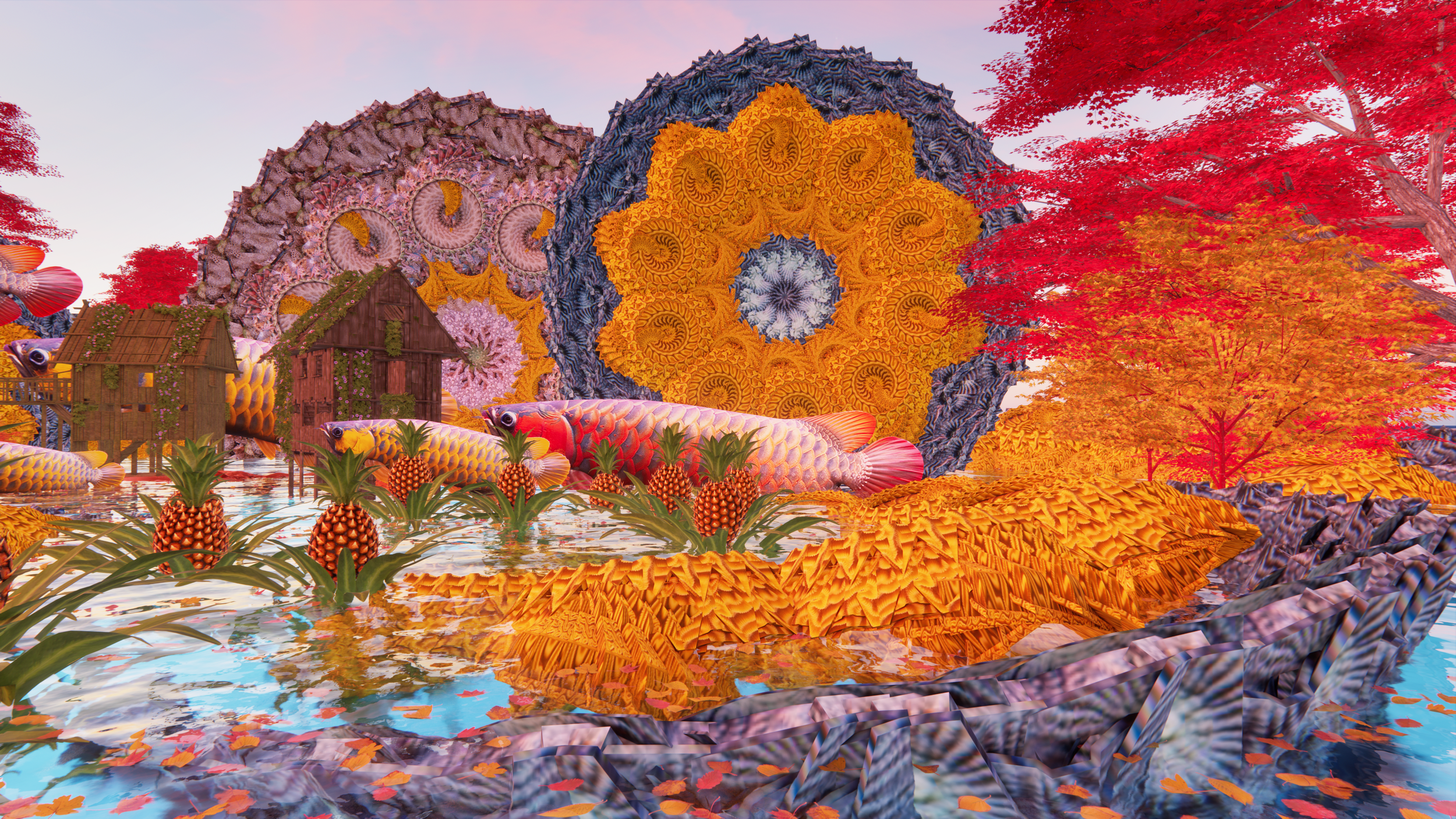 Surreal landscape with large, colorful, spiral-patterned structures resembling plants or flowers, red autumn trees, small wooden houses, and floating fish with pineapple plants in water.