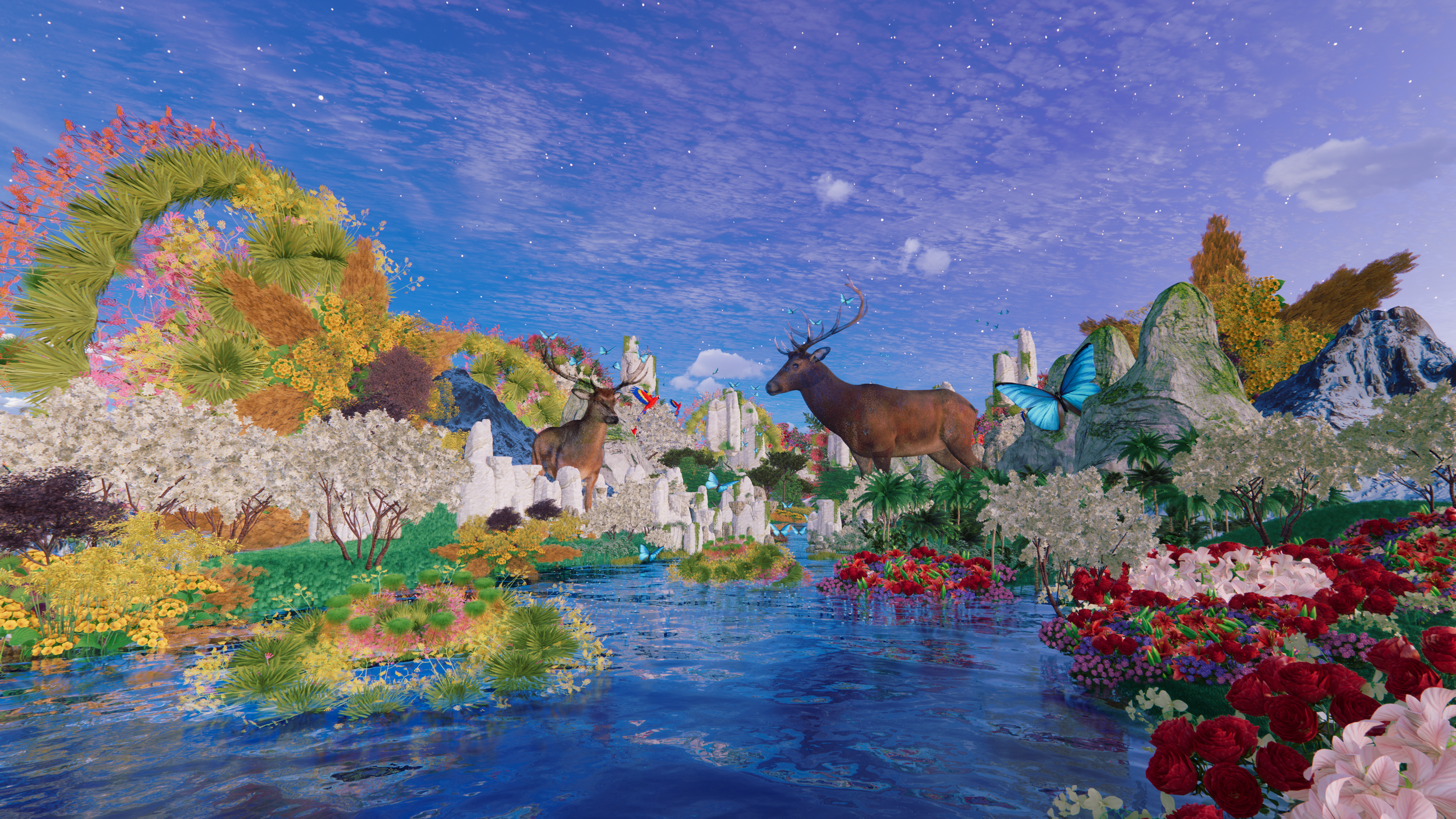 A fantastical landscape with colorful trees, flowers, mountains, and a flowing river, featuring two deer, several butterflies, and a starry sky.