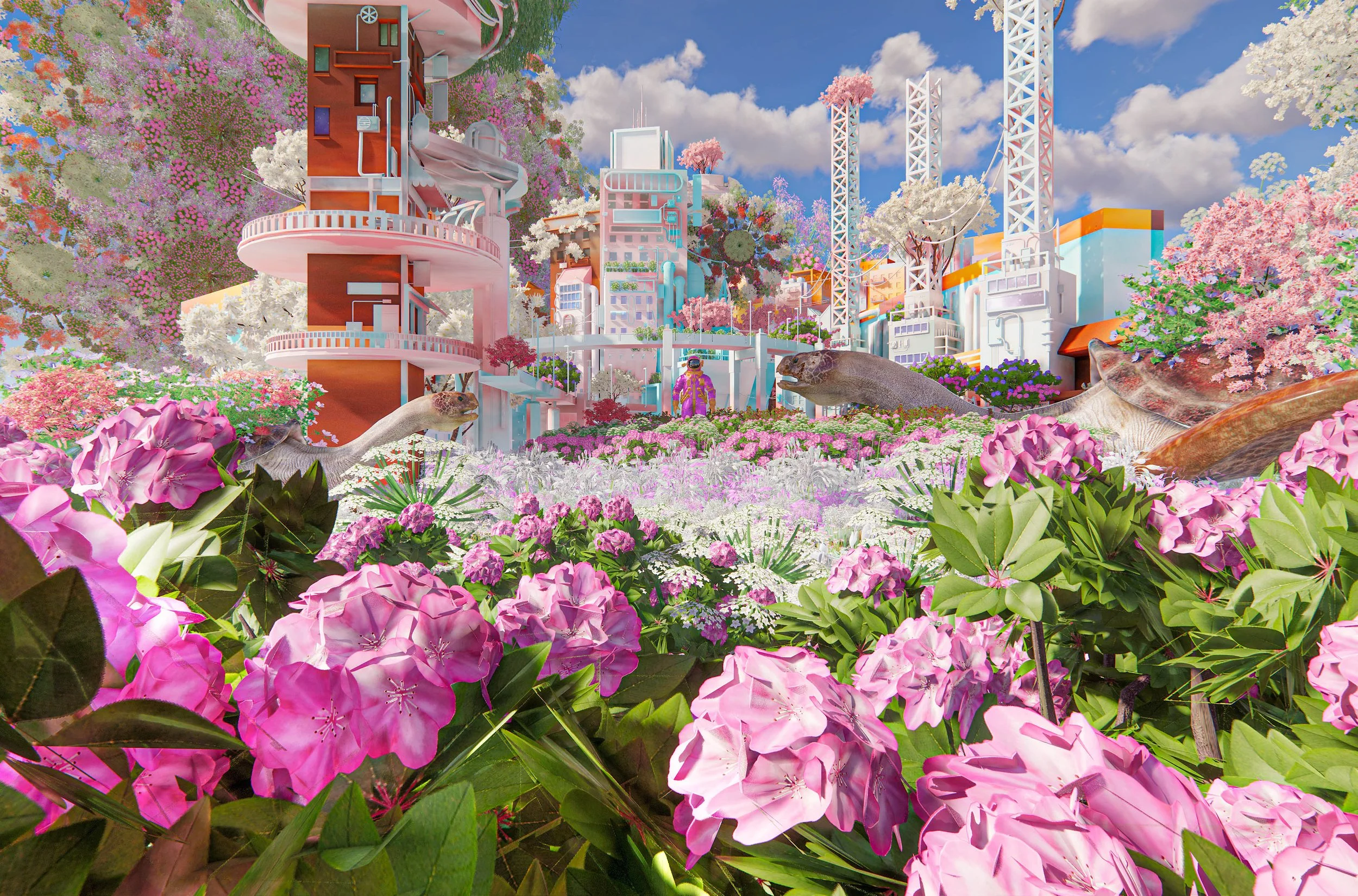 A colorful, futuristic cityscape with pink and white blooming flowers, trees, and unusual animals like otters and a person in space suit, against a bright blue sky with clouds.