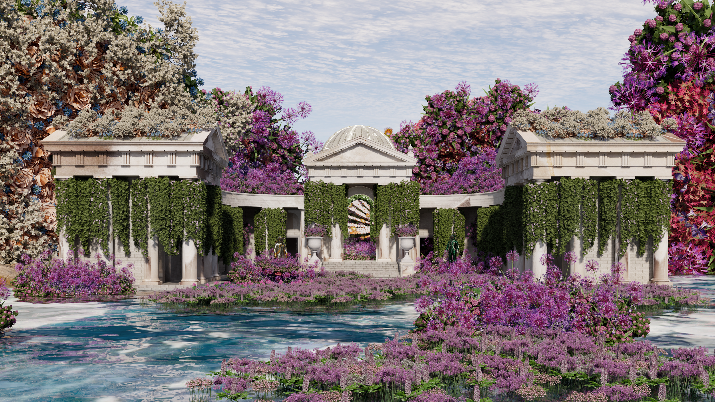 A classical building with columns, surrounded by lush pink and purple flowers. The scene includes a water feature in the foreground, reflecting the vibrant flower landscaping. By Immersive Artist Victoria Fard.