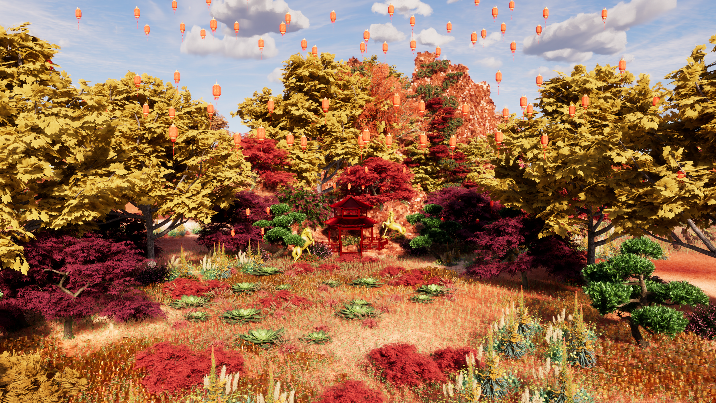 Colorful garden scene with trees, red lanterns hanging in the sky, a small red pagoda, and decorative horse sculptures.
