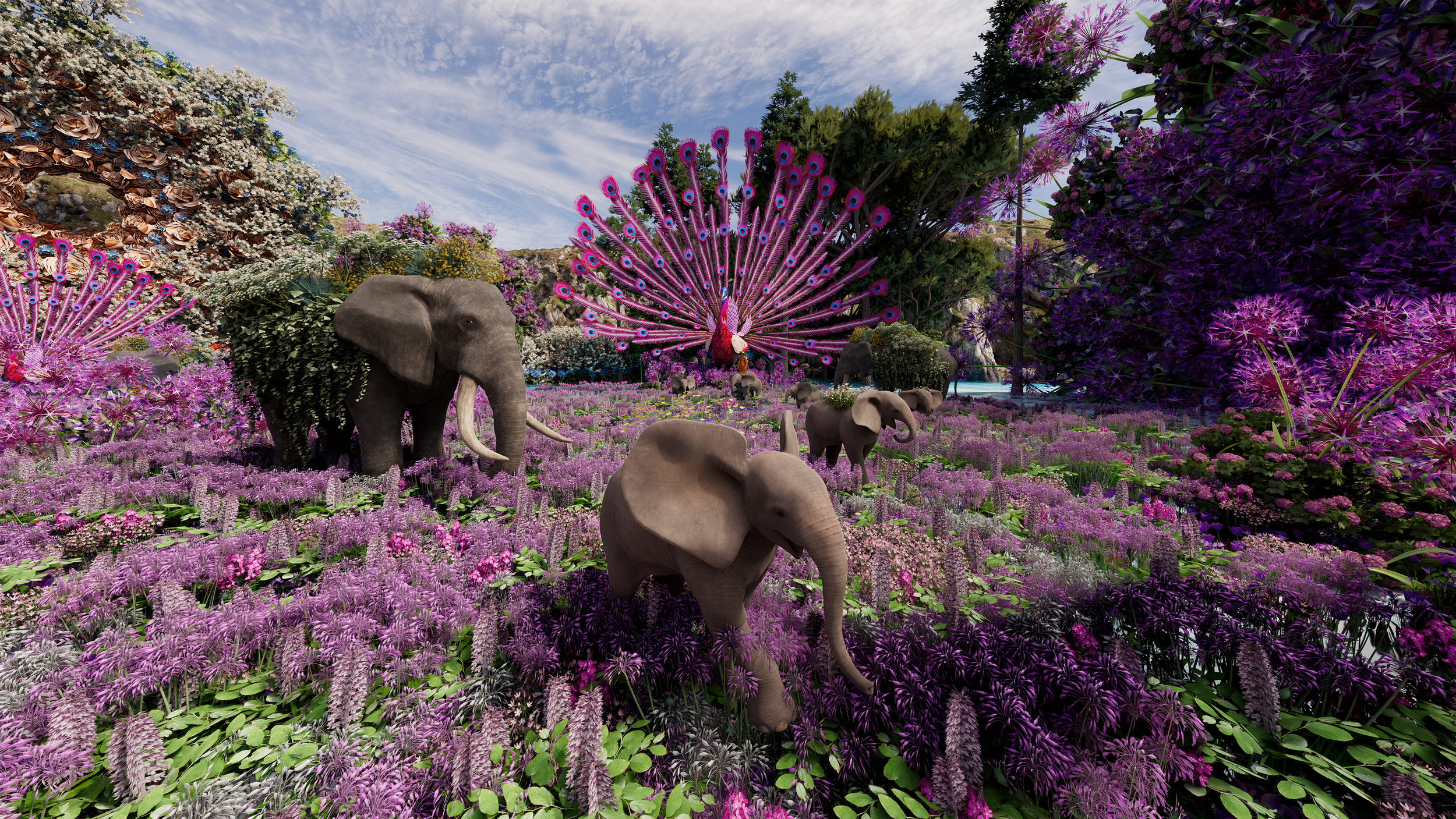 A lush garden with purple, pink, and white flowers, featuring three elephants in the background. By Immersive Artist Victoria Fard.