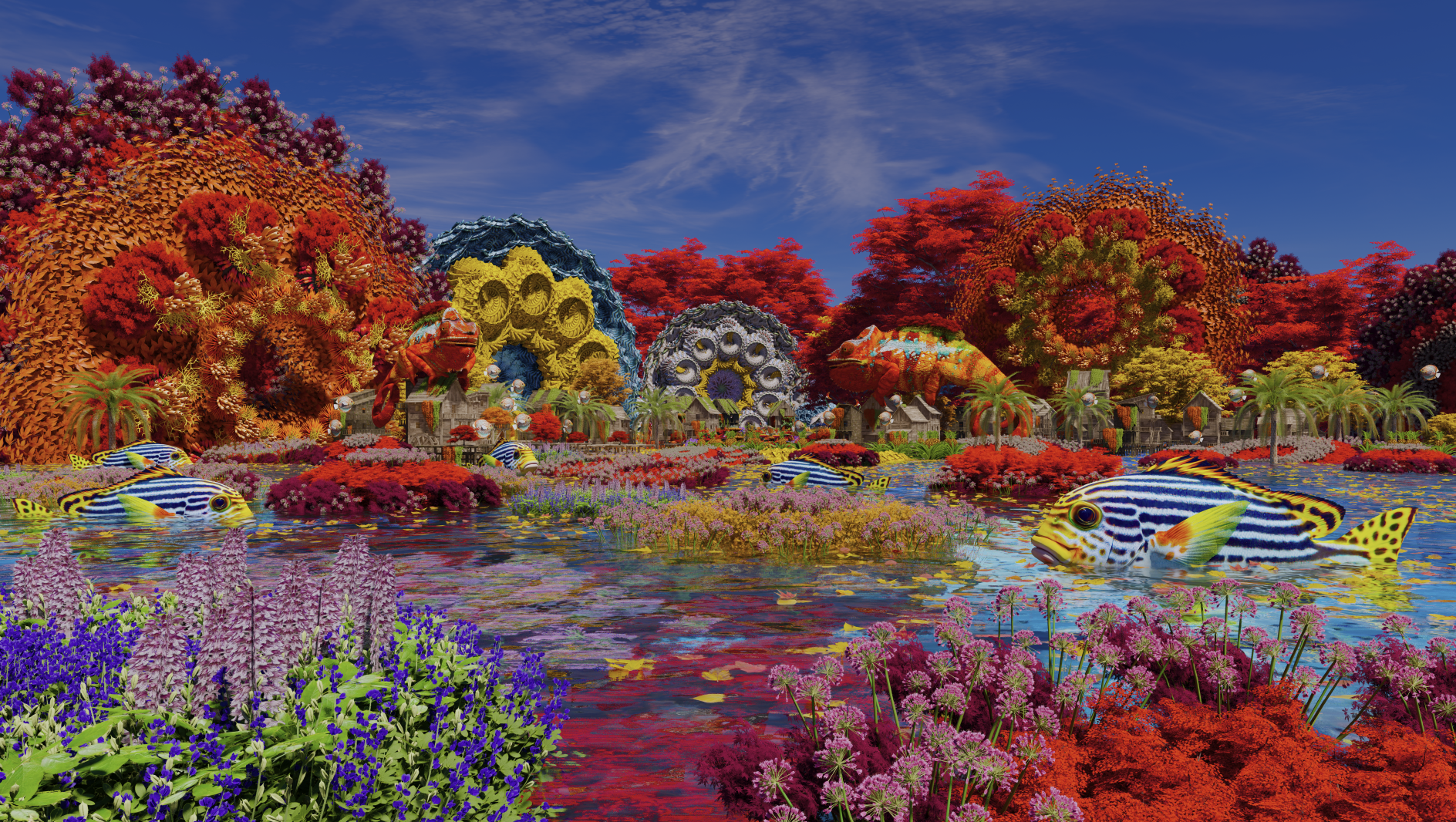 A vibrant, fantastical landscape with colorful flowers, exotic trees, and large, striped fish swimming in a reflective body of water. The scene includes giant, ornate structures and lush green foliage under a bright blue sky.