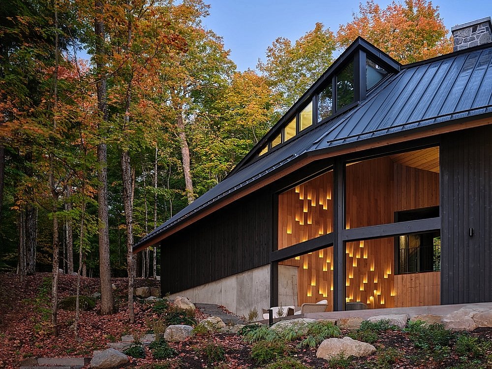 Modern house in the woods with black exterior, wooden accents, and a sloped metal roof, surrounded by autumn trees.