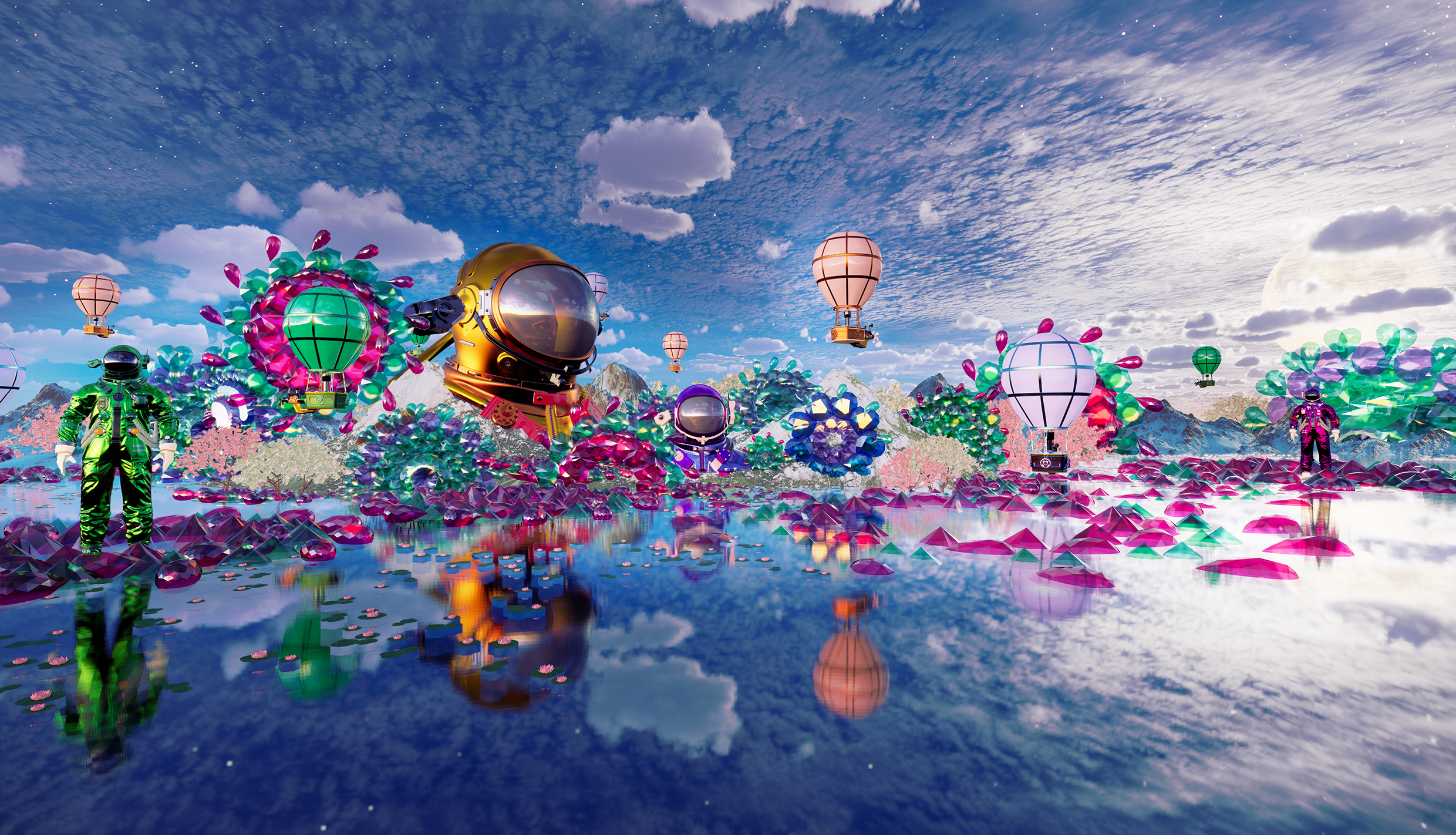 Hot air balloons, astronauts in colorful suits, and vibrant, reflective water with pink and purple crystal formations under a partly cloudy sky. By Immersive Artist Victoria Fard.