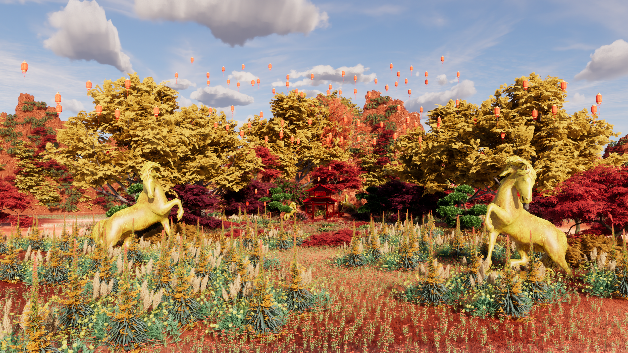 A fantasy scene with golden trees, featuring three golden horse statues rearing up on their hind legs in the foreground. In the background, orange lanterns hang from the sky among scattered clouds. By Immersive Artist Victoria Fard.