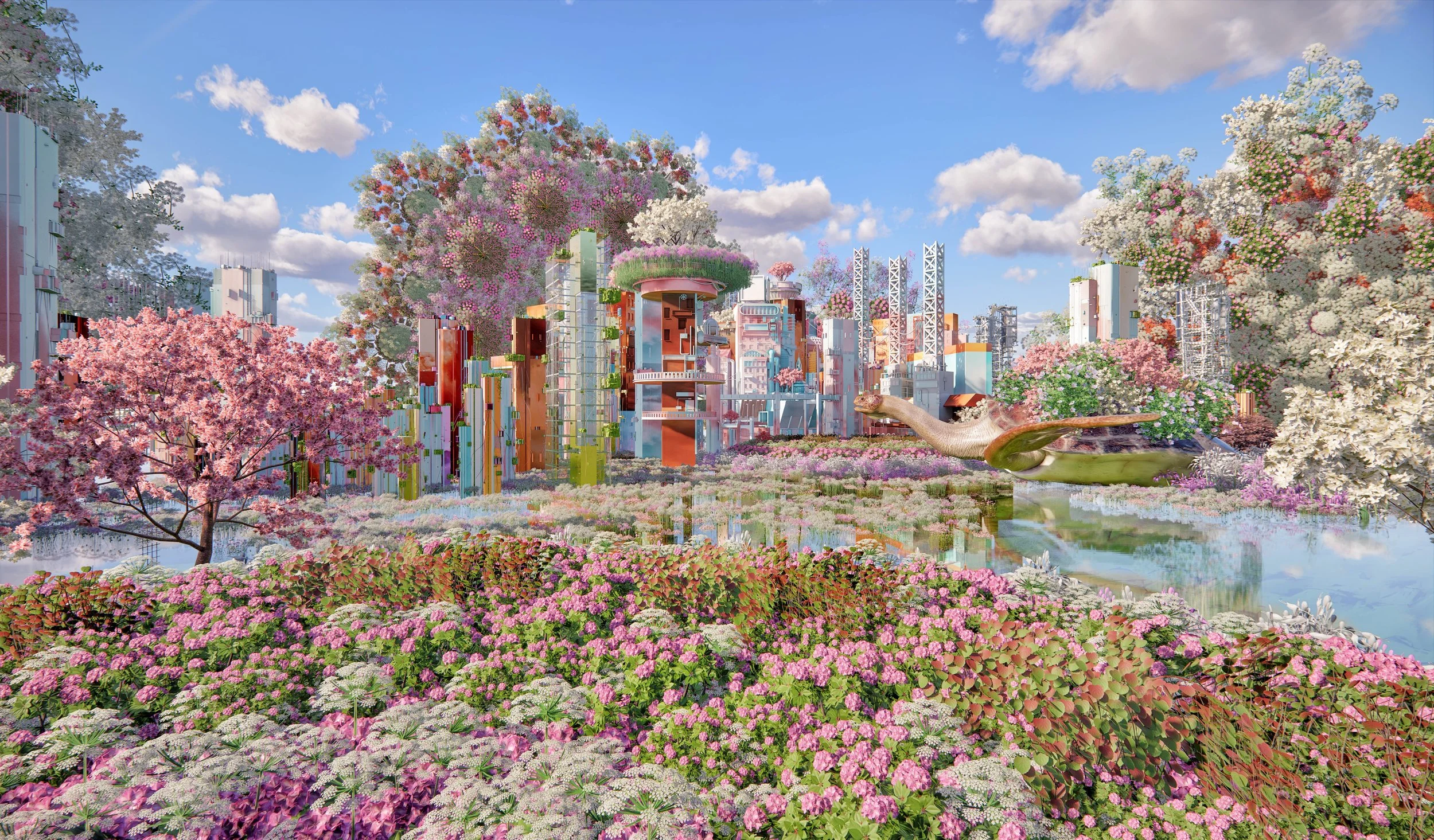 Futuristic cityscape with buildings covered in colorful plants and flowers, surrounded by a garden with pink, purple, and white blossoms, and a standing lizard near a pond under a partly cloudy sky.