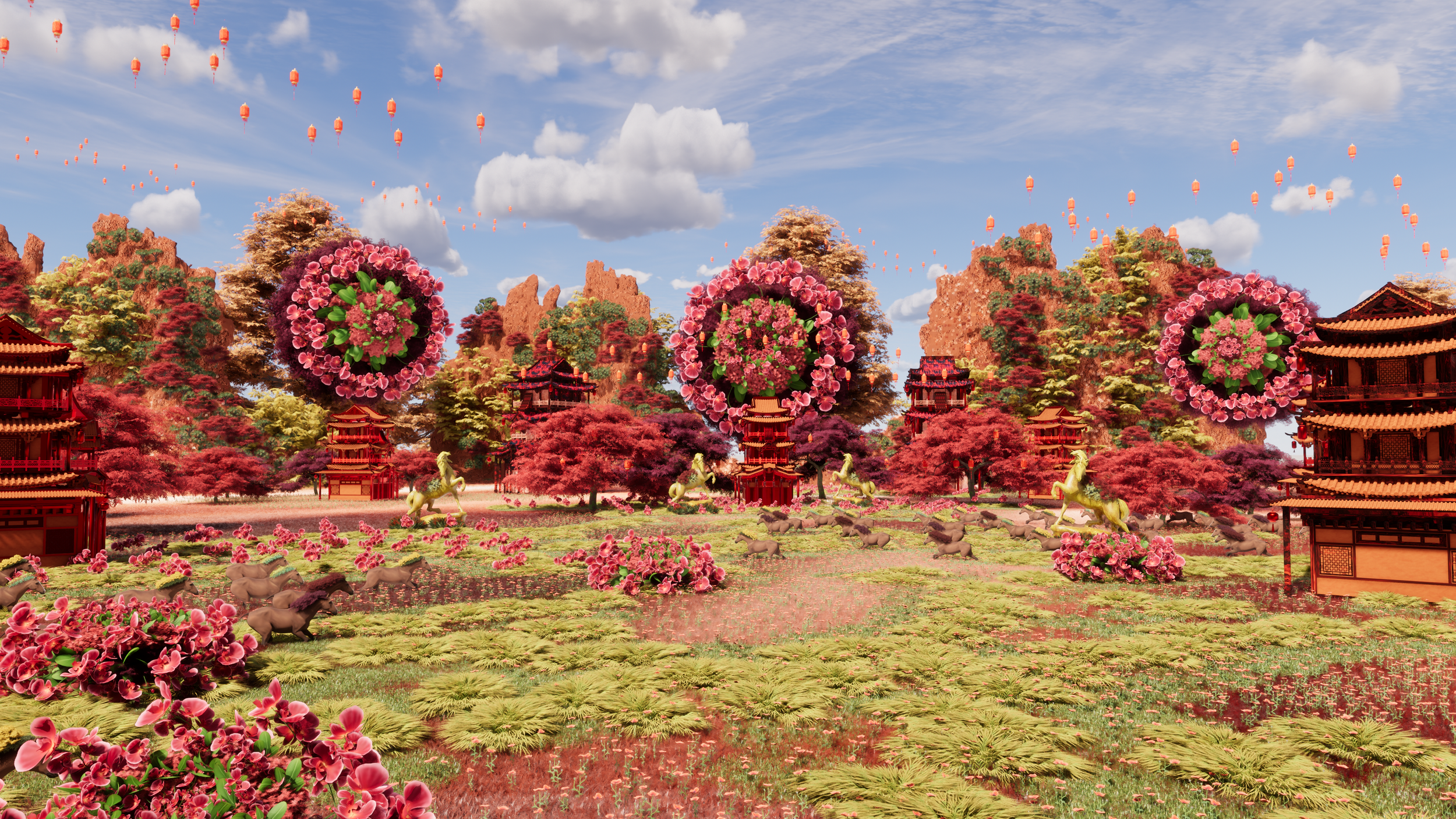 A fantastical landscape with traditional Asian-style buildings, pink and red flowering trees, mountains in the background, floating pink lanterns in the sky, and large decorative pink floral circles in the air.