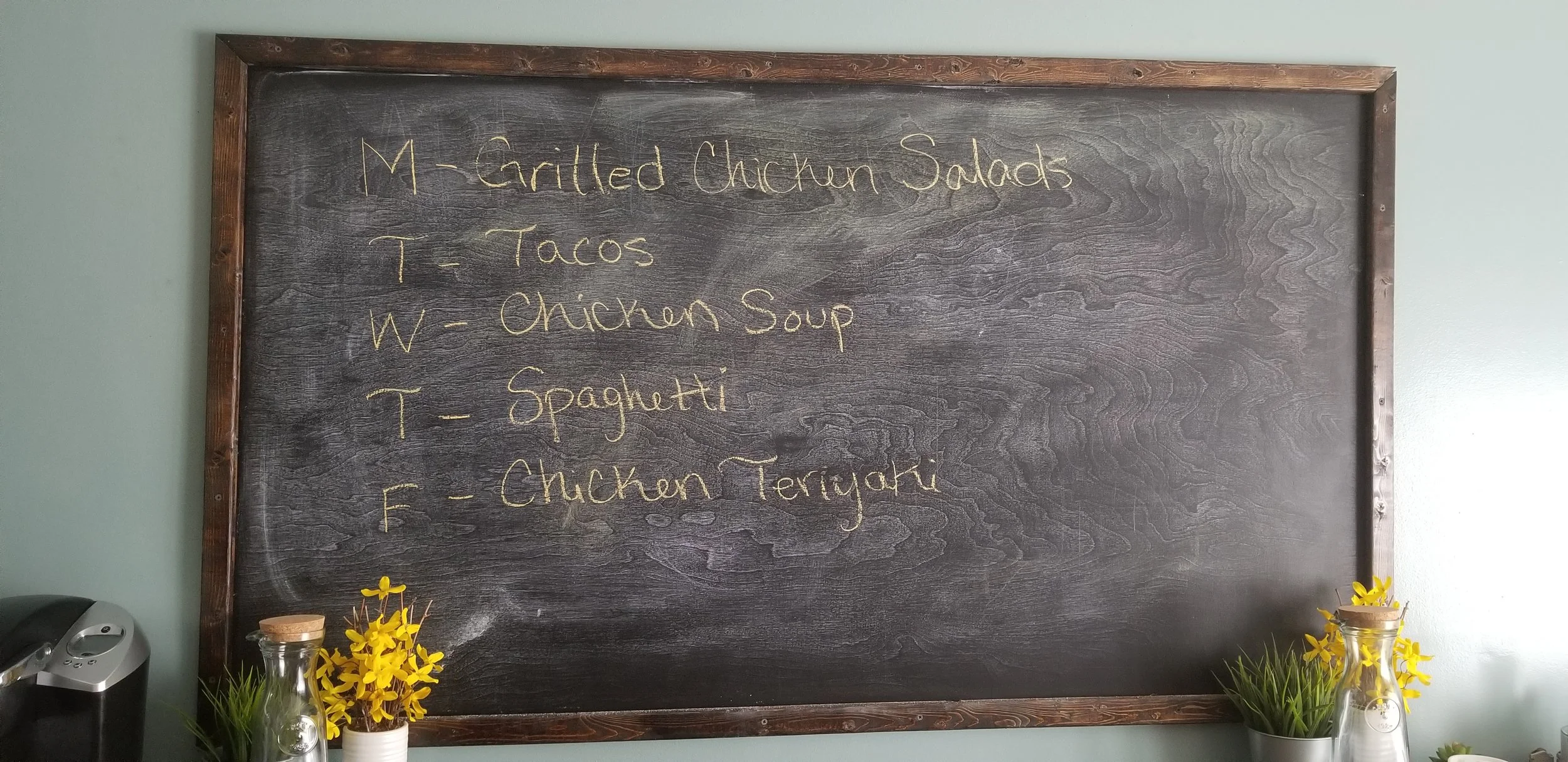Our kitchen chalk board hols the menu for the week...
