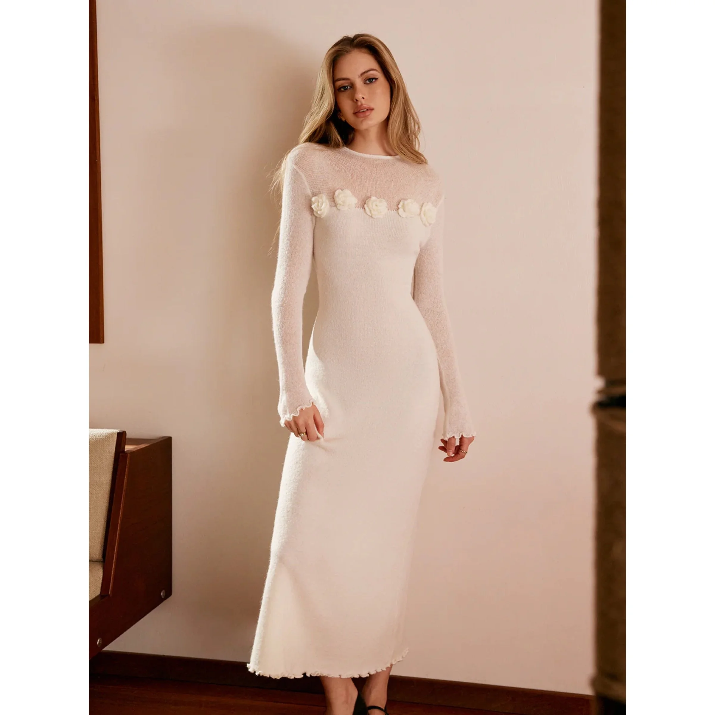 Wool-Blend 3D Flower Lettuce Trim Sweater Dress Soho Style Boutique Wool-Blend 3D Flower Lettuce Trim Sweater Dress Soho Style Boutique