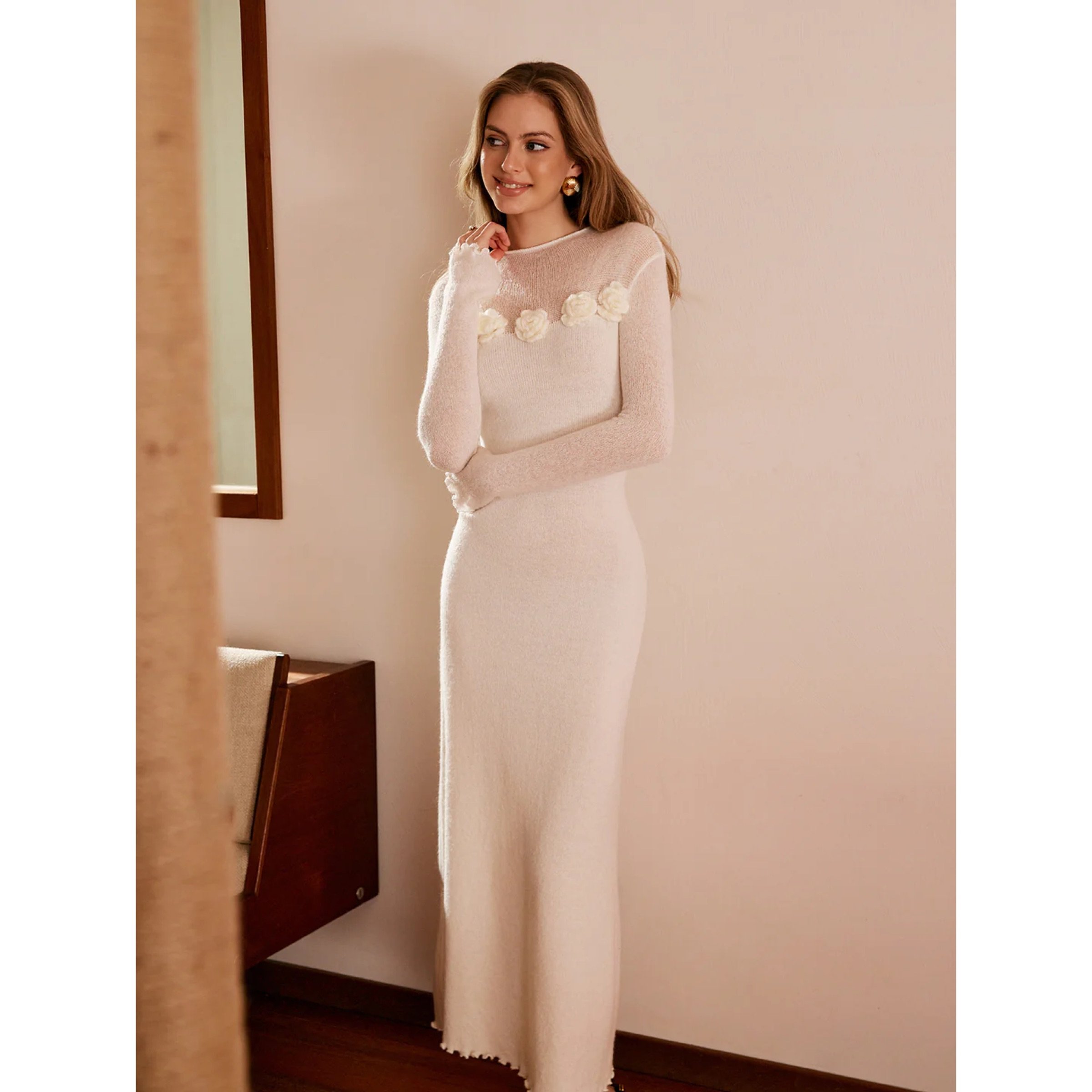 Wool-Blend 3D Flower Lettuce Trim Sweater Dress  Soho Style Boutique