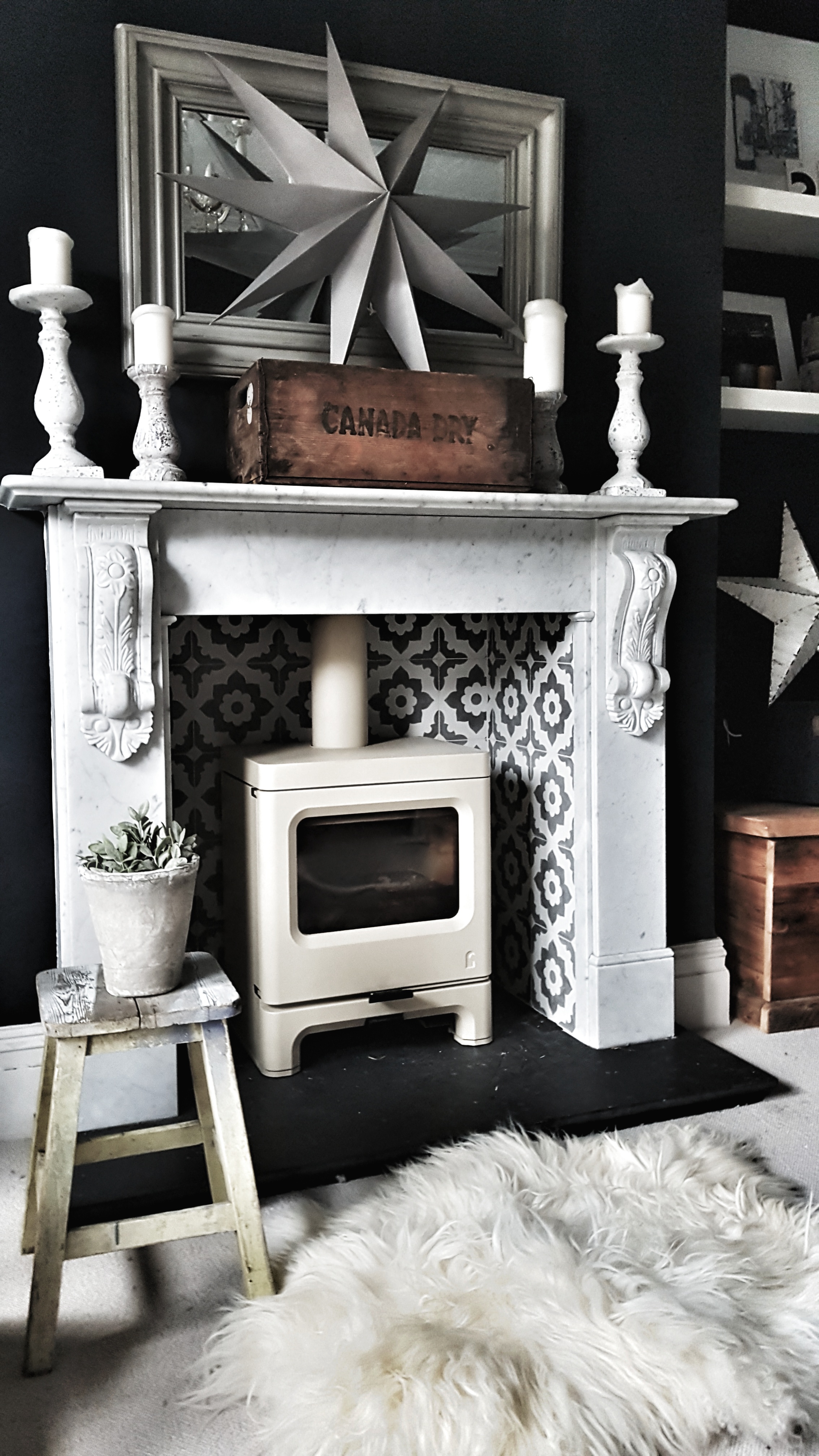 I love the contrast of having a cream stove with the dark walls in our living room