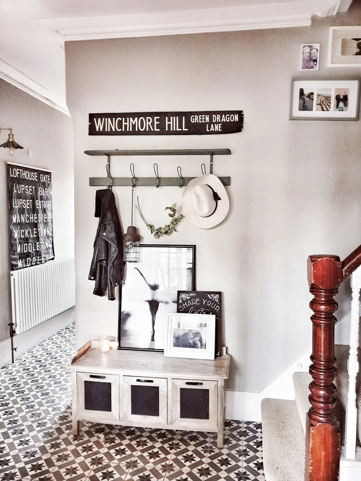 The view looking backwards towards the front door. With the stairs in the middle of the house to the right
