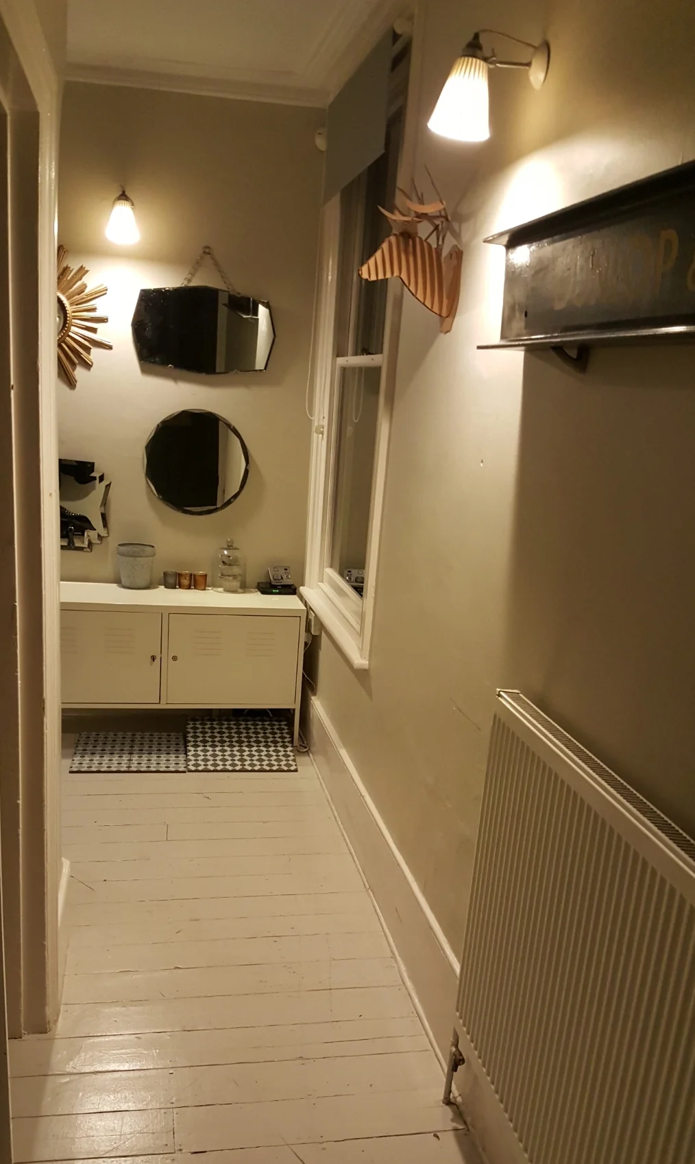 The hallway after my initial attempts to brighten it up by painting the walls and floors in Slipper Satin