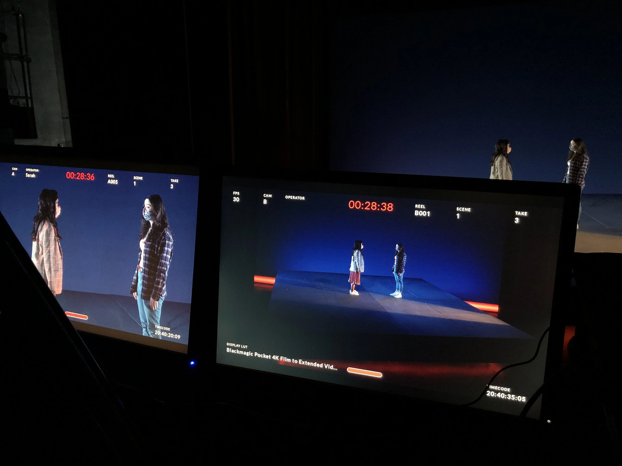 Cameras are on during rehearsals to demonstrate the difference between live lighting, and lighting captured in camera.