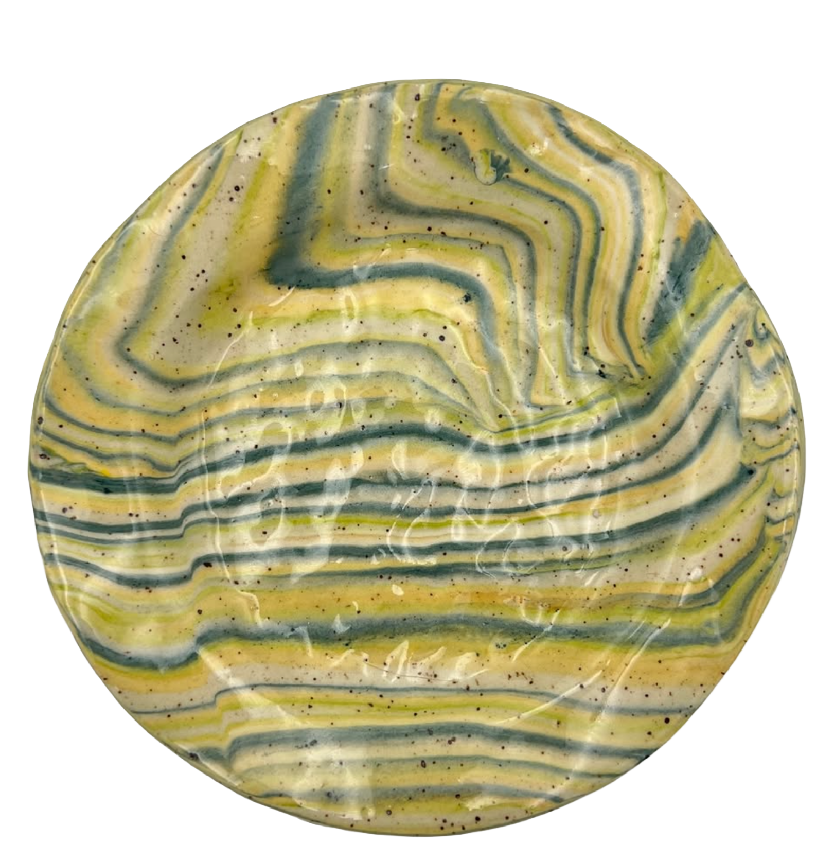 A round ceramic plate with multicolored swirling patterns in yellow, blue, and black on a white background.