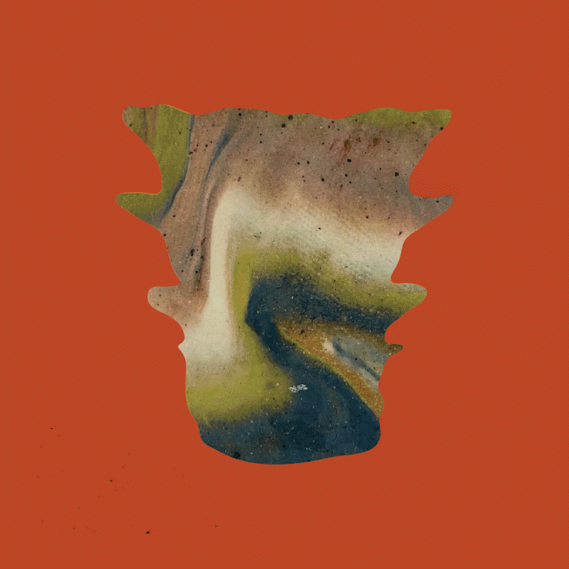 Abstract swirl of colors including green, beige, blue, white, and black on an orange background with irregular edges.