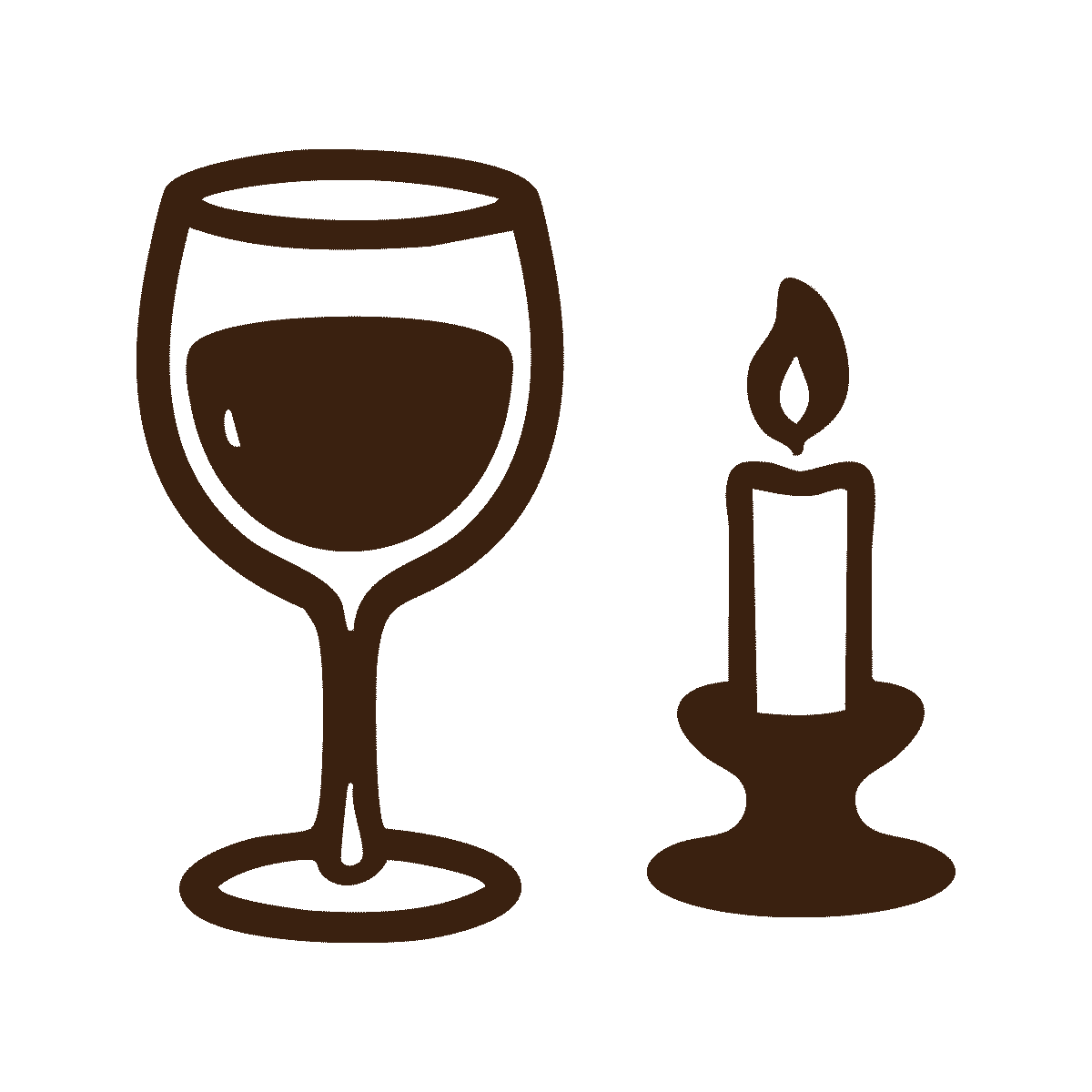 Outline drawing of a glass of red wine and a lit candle.