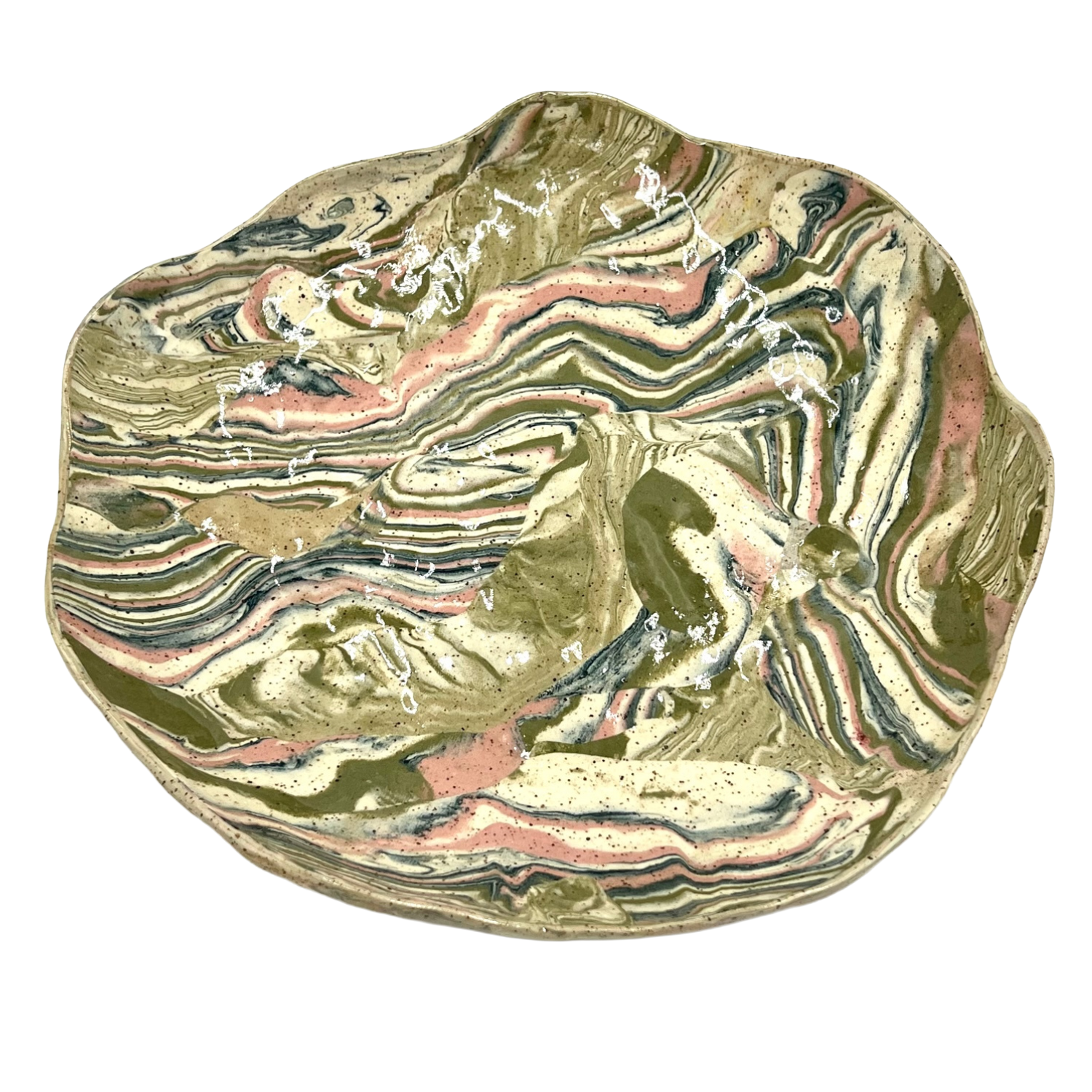 Marbled ceramic plate with swirling patterns of green, pink, black, and beige colors.