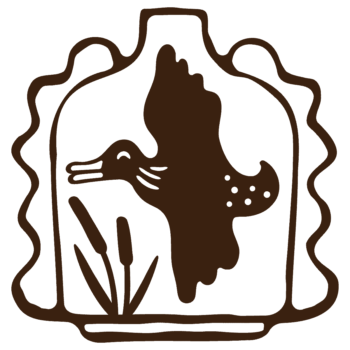 Line drawing of a duck and cattails inside a wavy square border.
