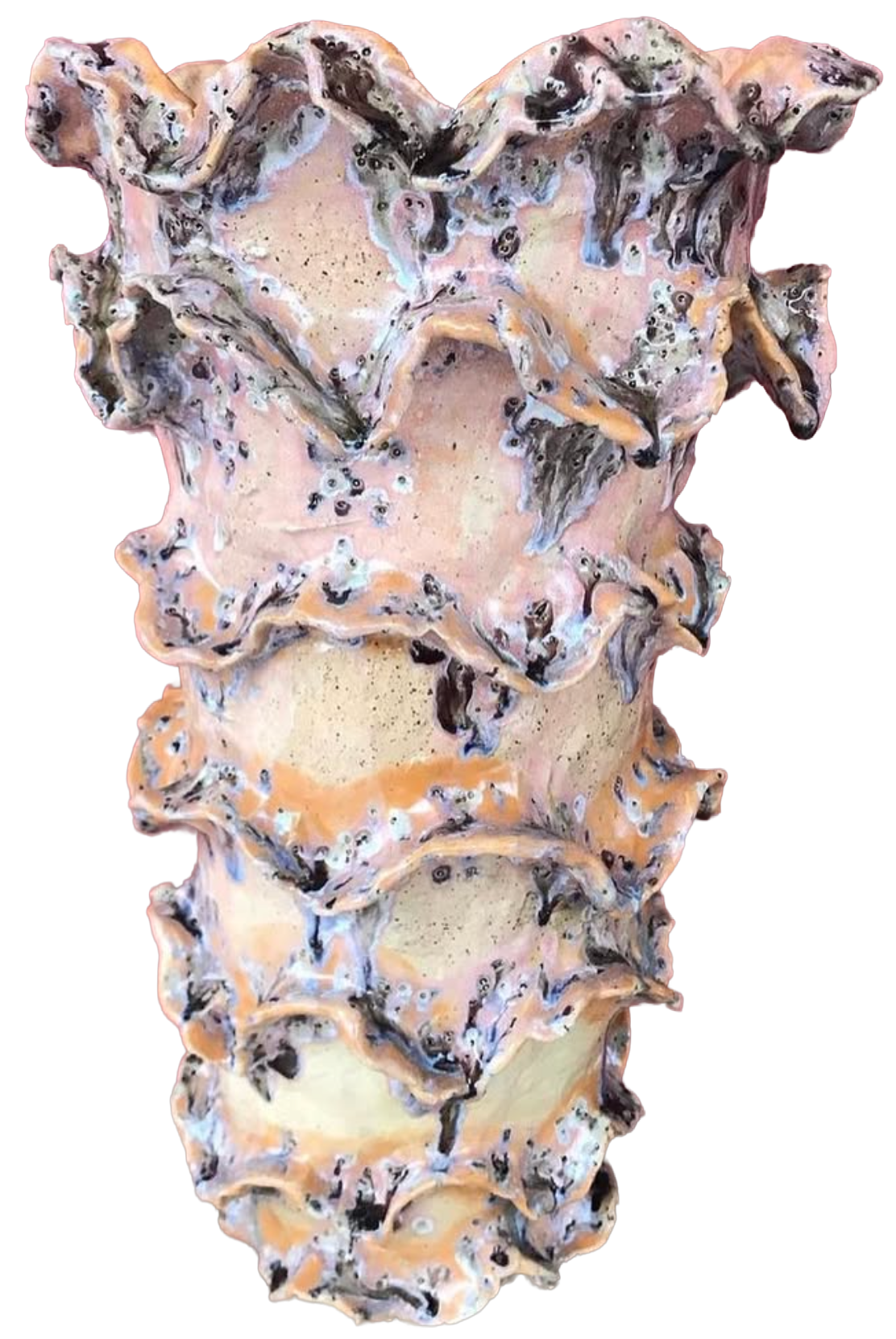 Close-up of Vase with petal-like shapes in cream, peach, and dark purple colors.