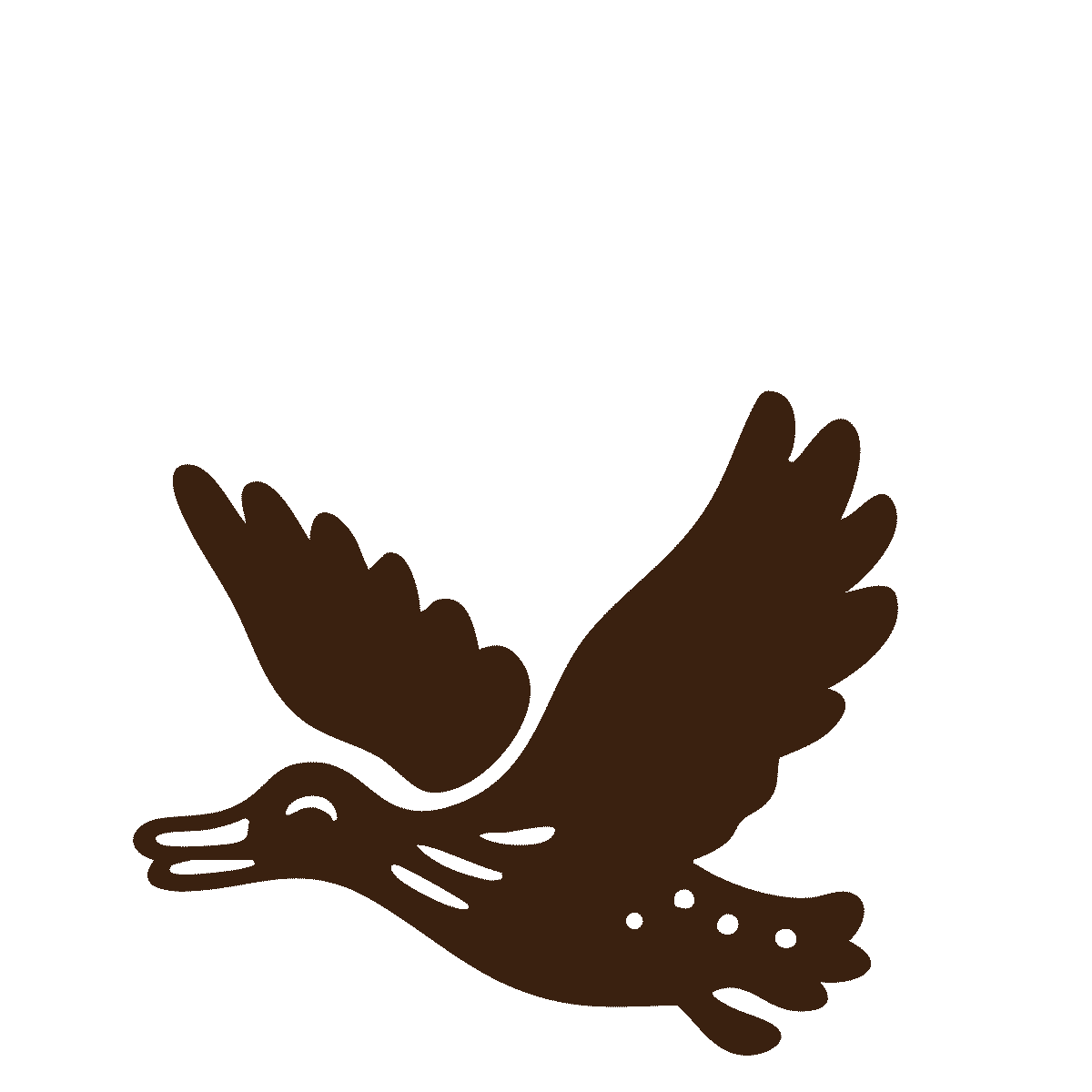 A cartoon drawing of a brown flying duck with outstretched wings.