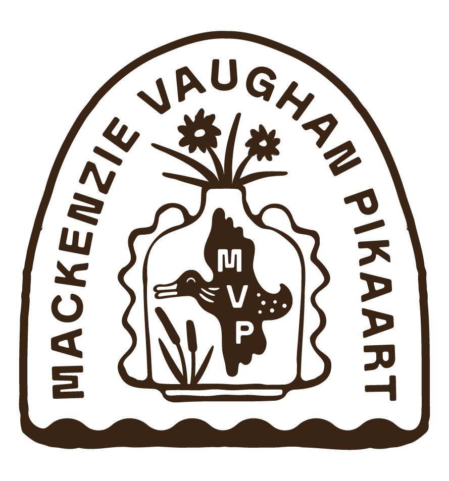 Logo for Mackenzie Vaughn Pikaart featuring a stylized animal head, possibly a dog or wolf, with flowers and a tree growing from it, and text encircling the logo.