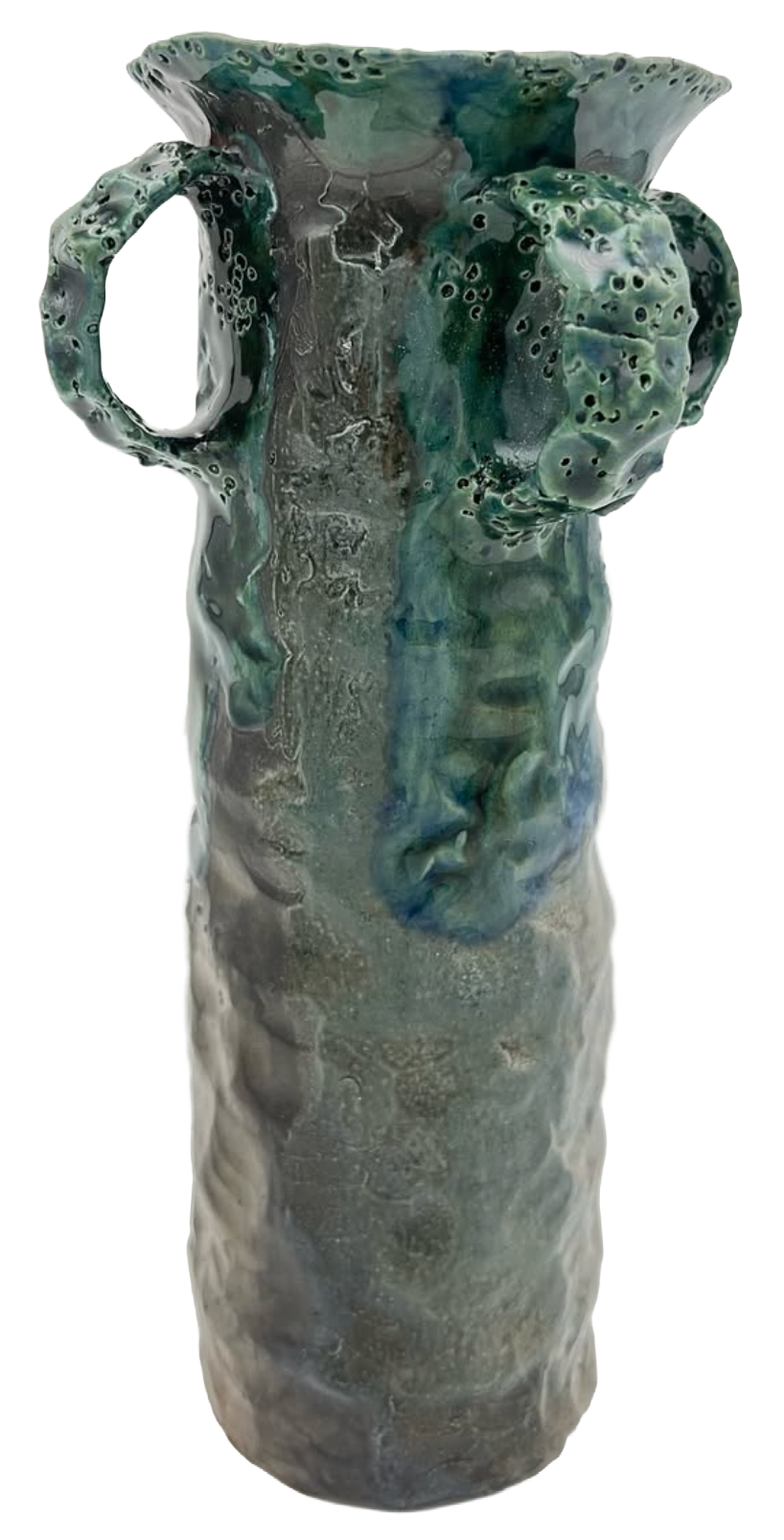 A tall ceramic vase with an abstract face and ear design, featuring a blue and gray glazed surface.