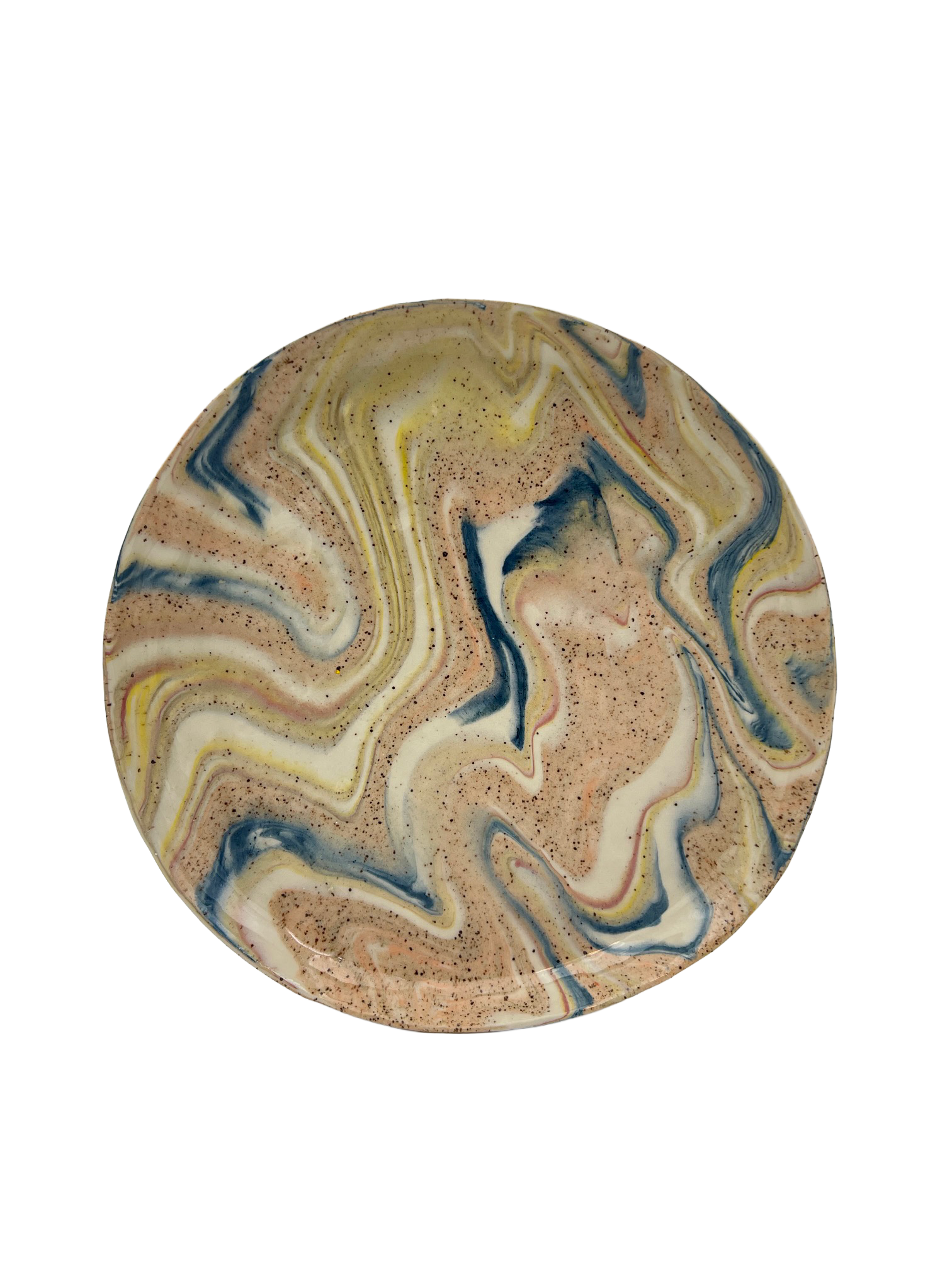 Marbled ceramic plate with swirling patterns of beige, white, blue, and yellow.