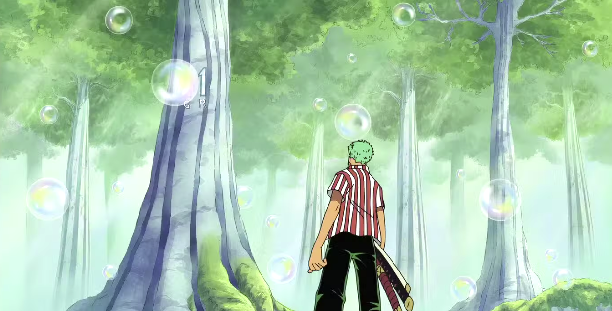 A cartoon-style image of a person with green hair and a striped shirt standing in a forest filled with large trees and floating bubbles, with sunlight filtering through the leaves.