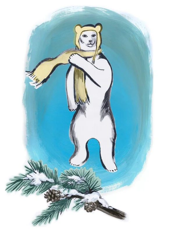   Polar bear  with hat, scarf, and evergreen. Conservation status is vulnerable. 
