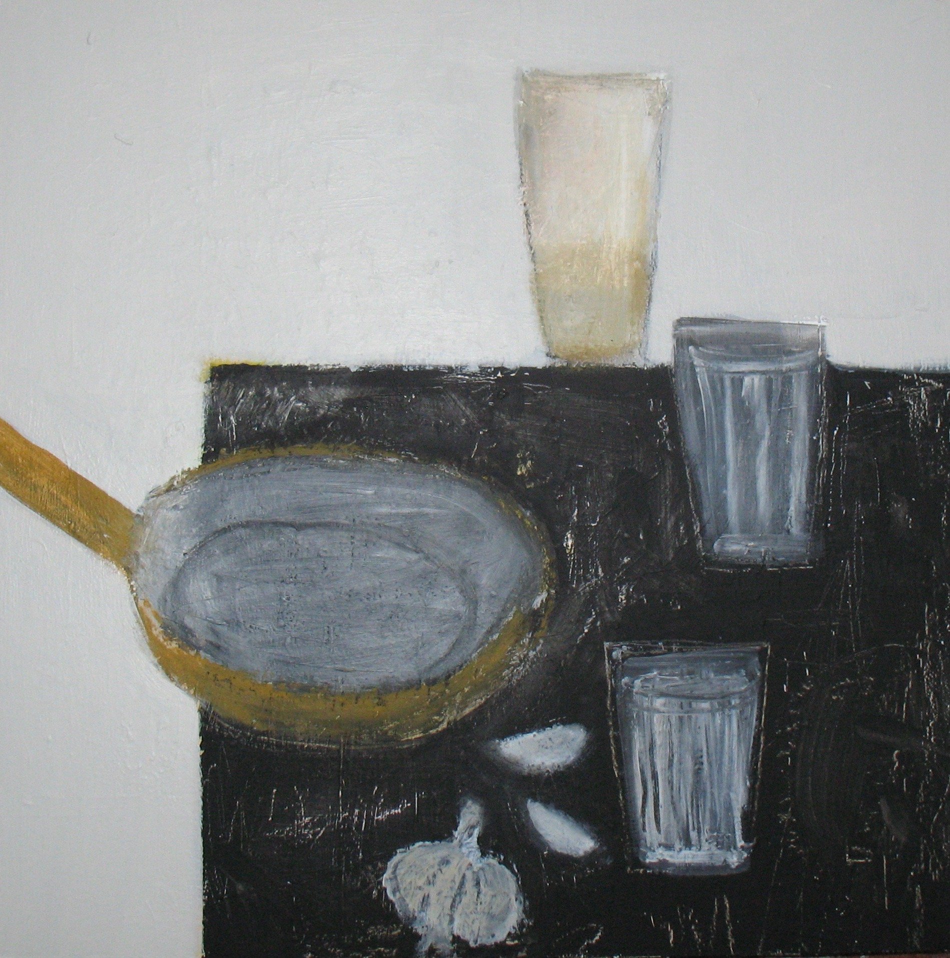 still life with pan and garlic