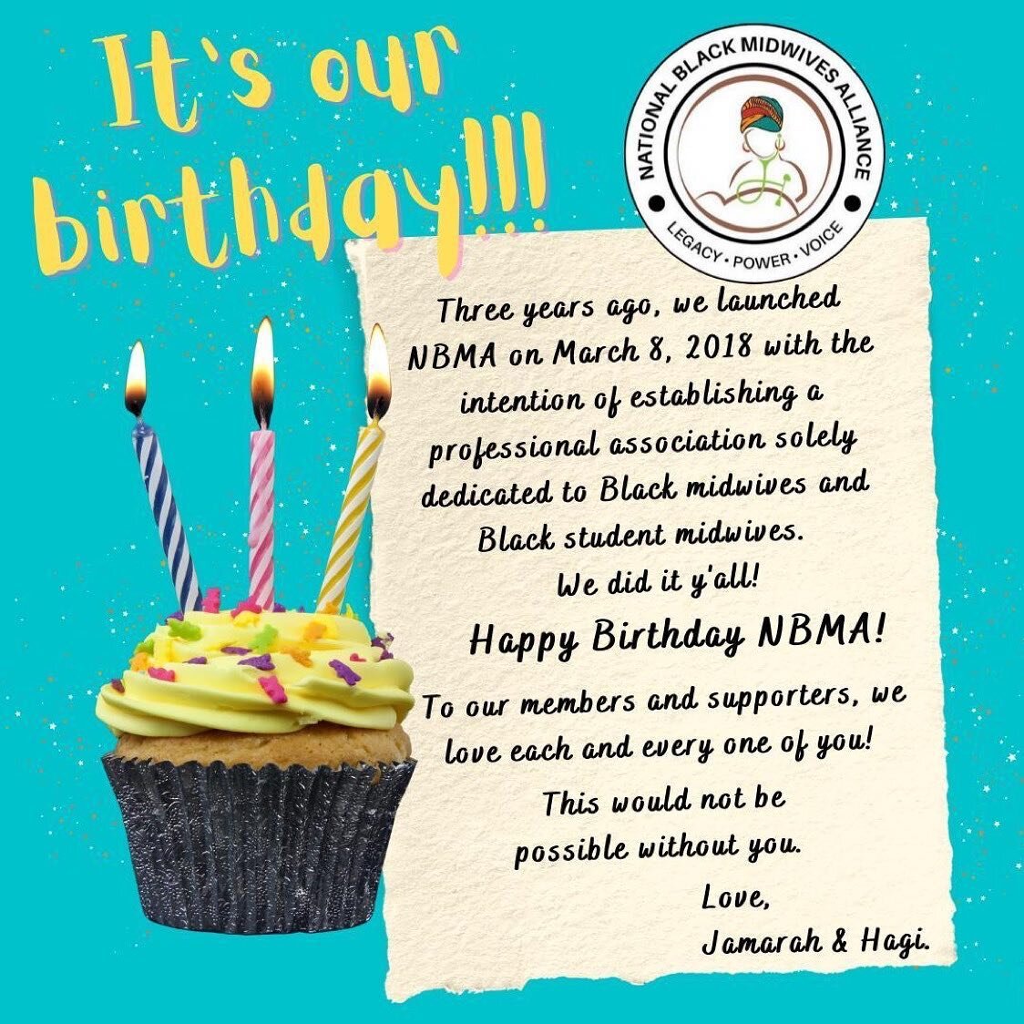 Happy birthday + Happy International Women&rsquo;s Day to @blackmidwivesalliance 🎂 Follow and@support their incredible work.
&bull;
Repost from @blackmidwivesalliance
&bull;
Three years ago today, National Black Midwives Alliance, a professional ass