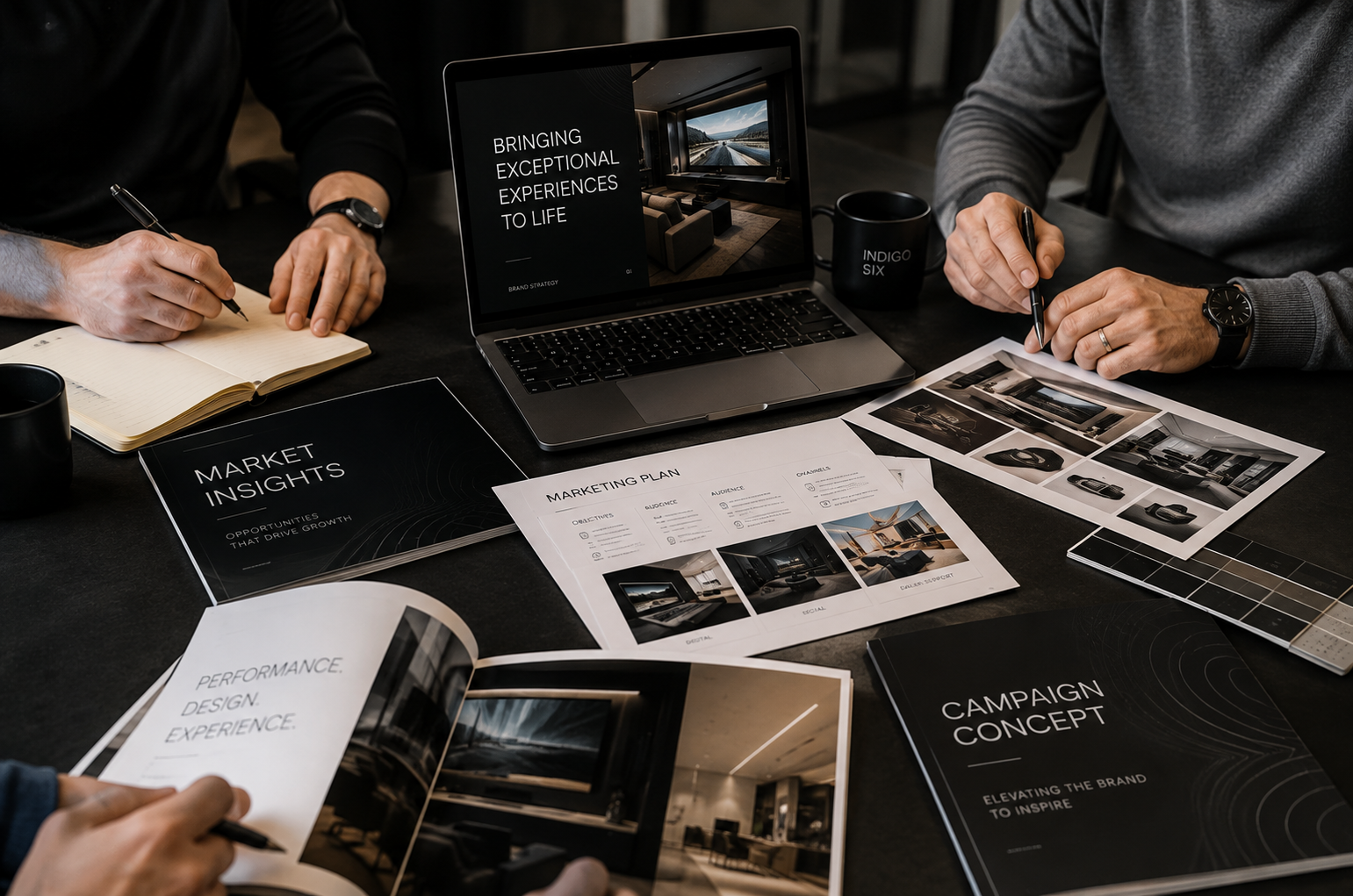 Business meeting with open laptop, marketing plans, brochures, photographs, and notebooks on a black table.