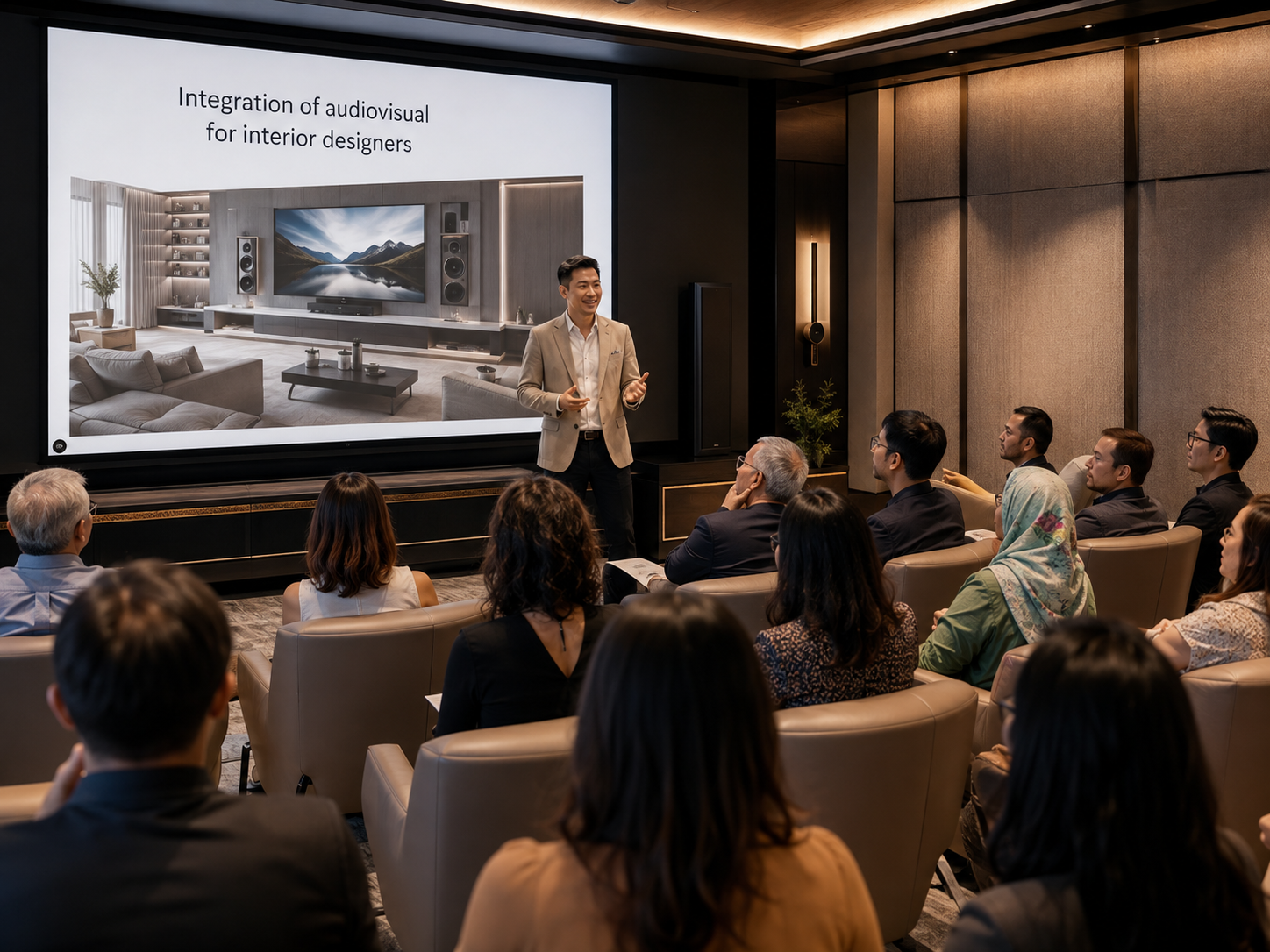 A presenter in a beige blazer gives a talk to a seated audience in a conference room, with a large screen displaying a slide about interior design and audiovisual integration.