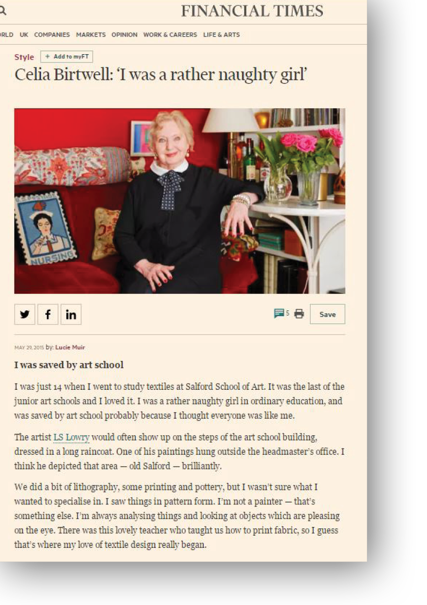 Financial Times article on Celia Birtwell by Lucie Muir