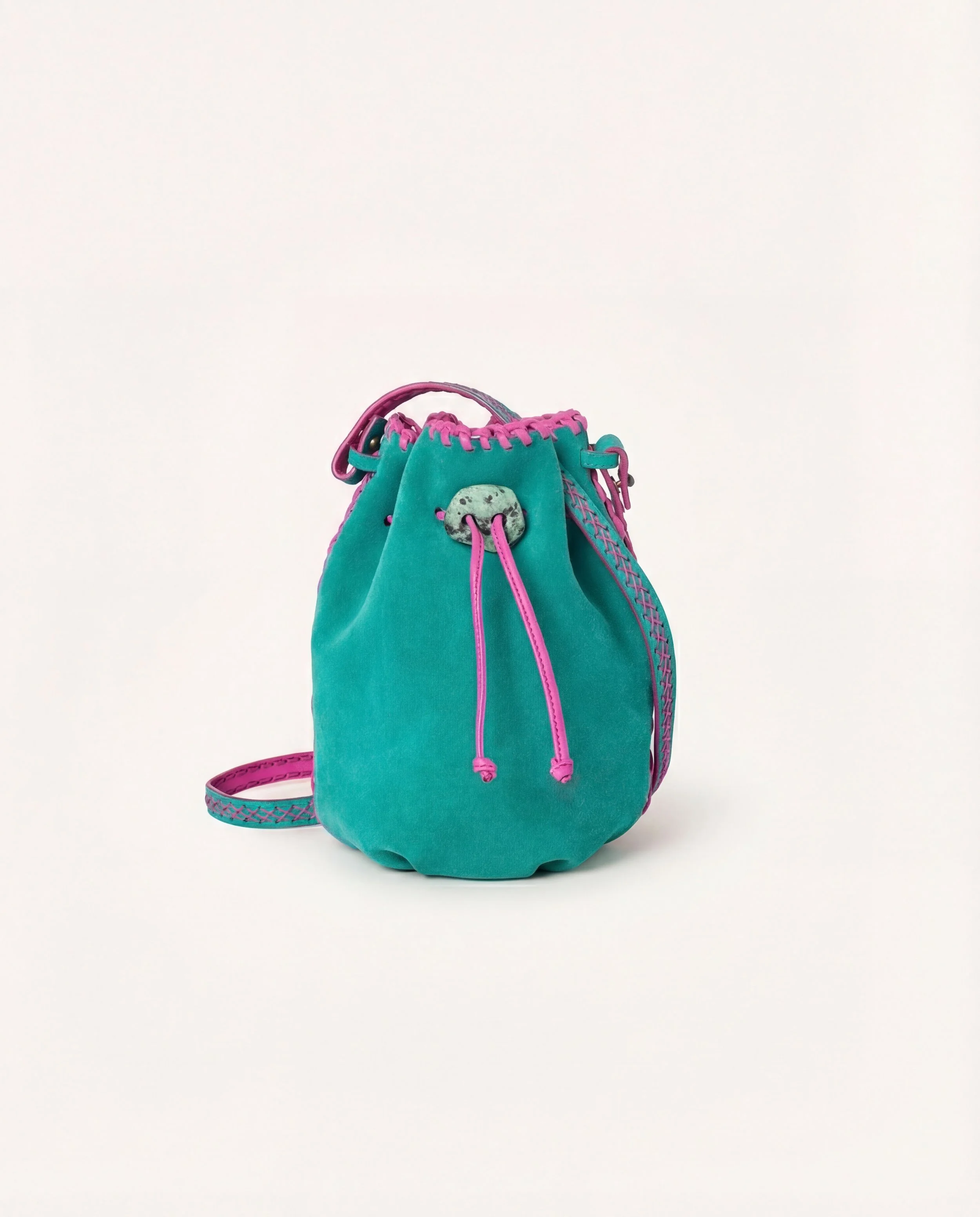 NIRMALA BUCKET | Green suede with fuchsia