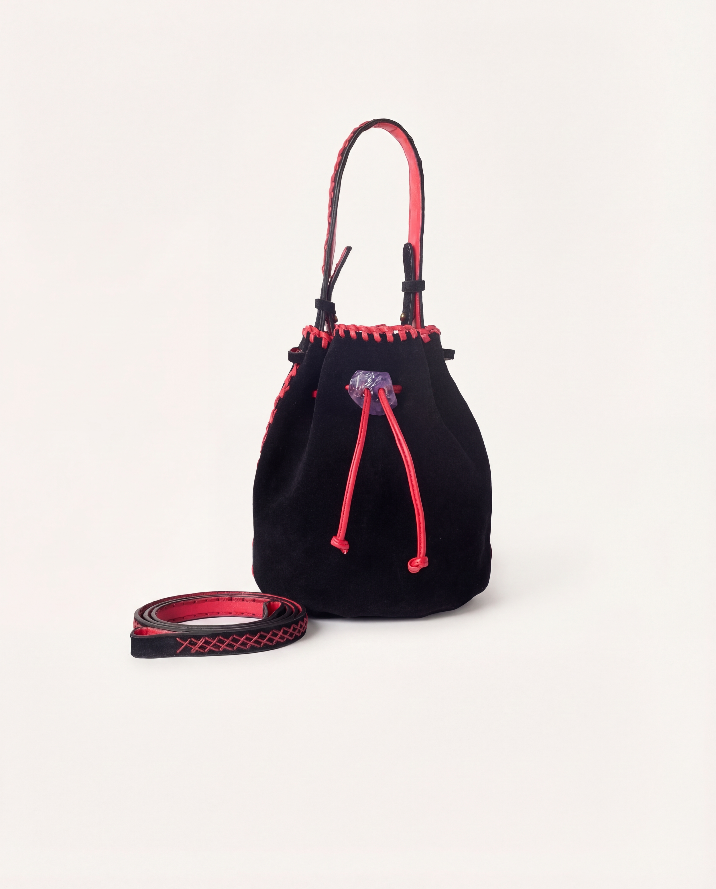 Nirmala Bucket | Black suede with red