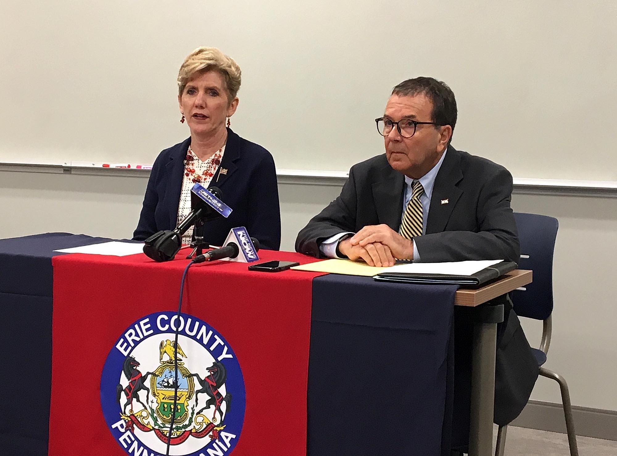  Erie County Executive Kathy Dahlkemper and Erie County Solicitor Richard Perhacs spoke at a June 14 news conference on the Felix Manus case. [MADELEINE O’NEILL/ERIE TIMES-NEWS] 