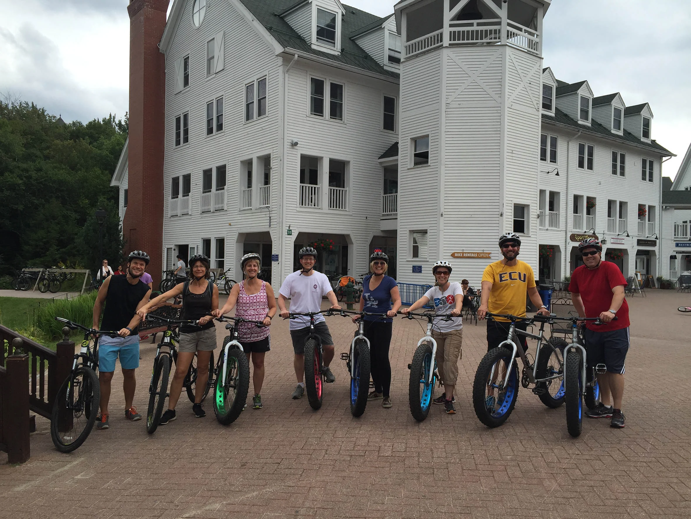 Mountain biking at the 2016 Gordon Research Conference at the Waterville Valley Resort, N.H. Riders include, from L-R: Monika Ward (University of Hawaii), Marisa Bartolomei (University of Pennsylvania), Christopher Payne (Northwestern University), Amander Clark (University of California, Los Angeles), Karen Schindler (Rutgers University), Chris Geyer (East Carolina University), and Brian Hermann (University of Texas at San Antonio).